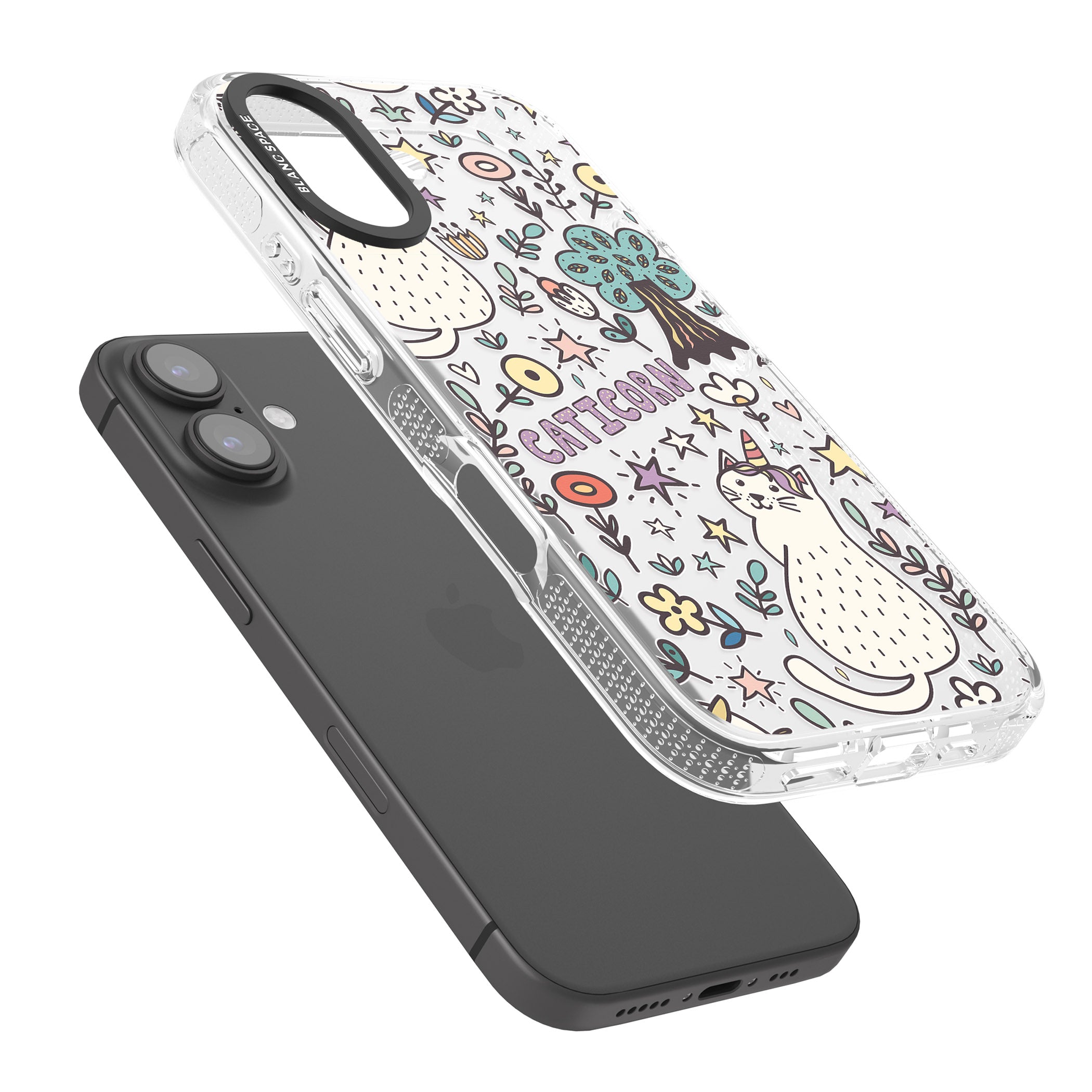 Caticorn pattern iPhone 16 / 16 Plus Clear Case Impact Air - Blanc Space