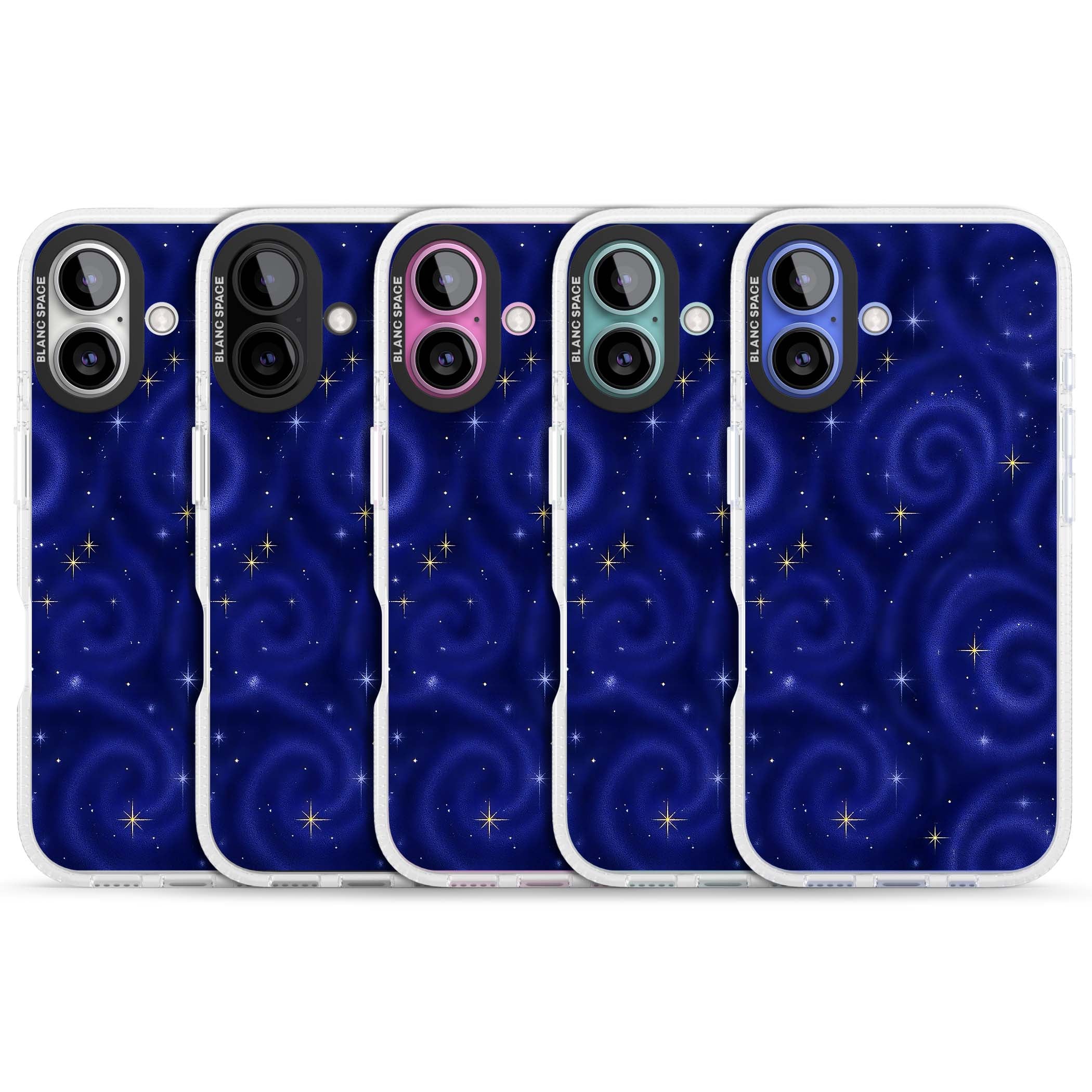Indigo Cosmos celestial iPhone case featuring swirling navy night sky and sparkling golden stars | Clear Case Impact Air case for iPhone 16, iPhone 16 Plus