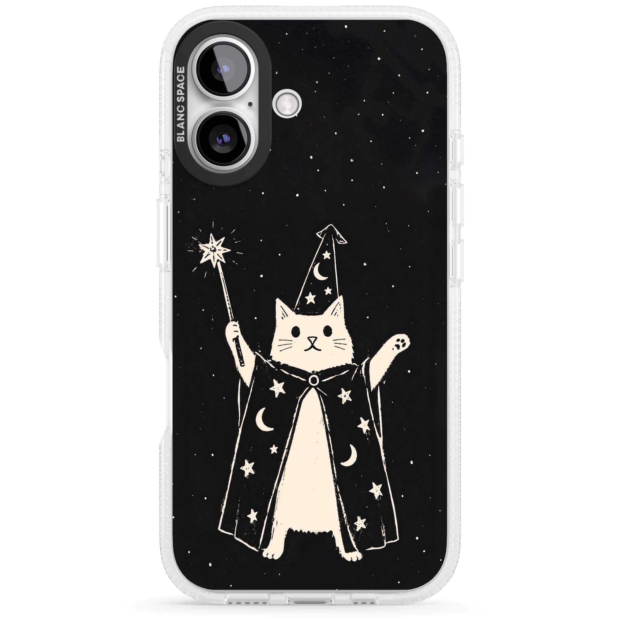 Whisker Wizard celestial cat iPhone case featuring a wizard cat with magic wand, starry night sky and crescent moons | Clear Case Impact Air case for iPhone 16, iPhone 16 Plus