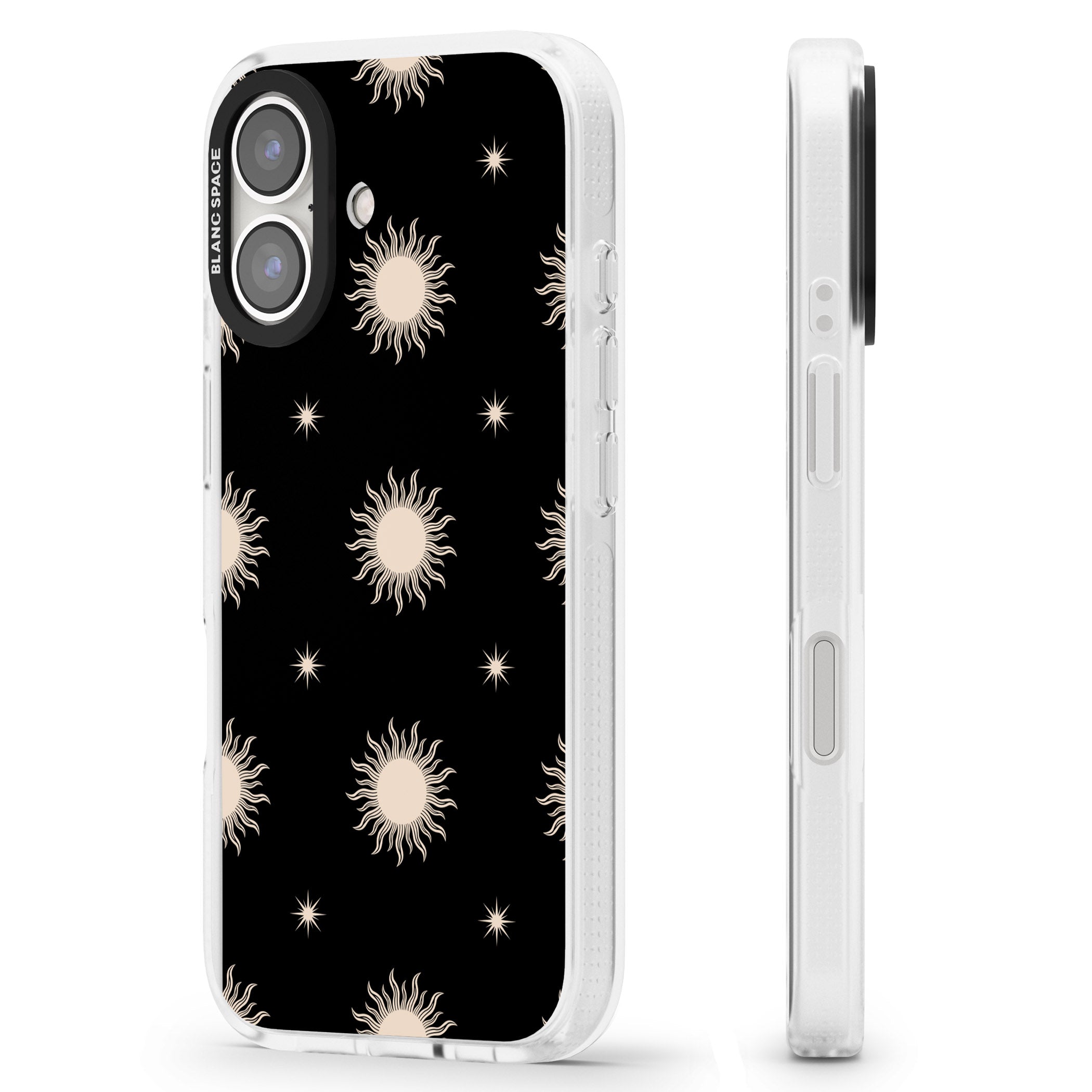 Celestial Patterns Classic Suns (Black) iPhone 16 / 16 Plus Clear Case Impact Air - Blanc Space