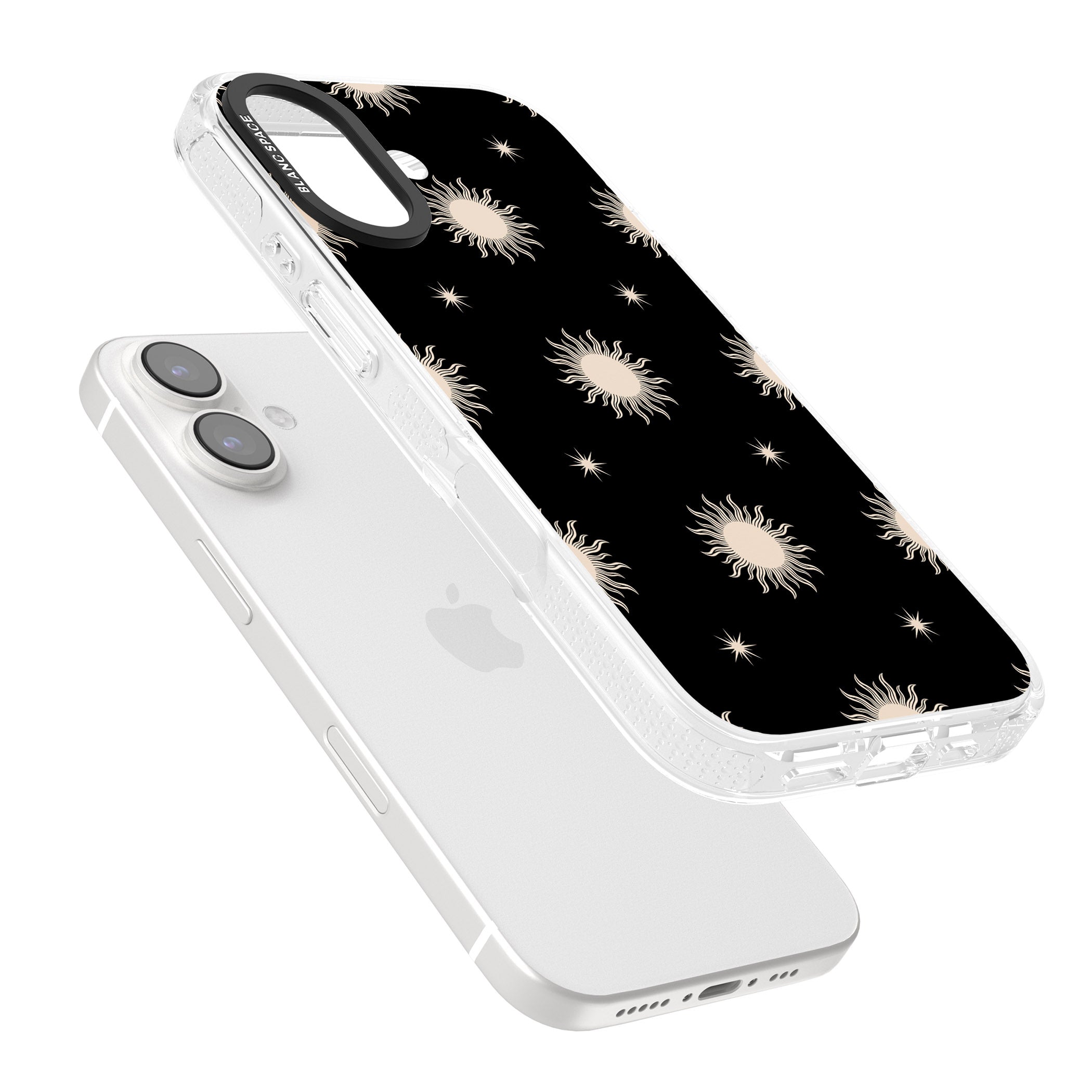 Celestial Patterns Classic Suns (Black) iPhone 16 / 16 Plus Clear Case Impact Air - Blanc Space