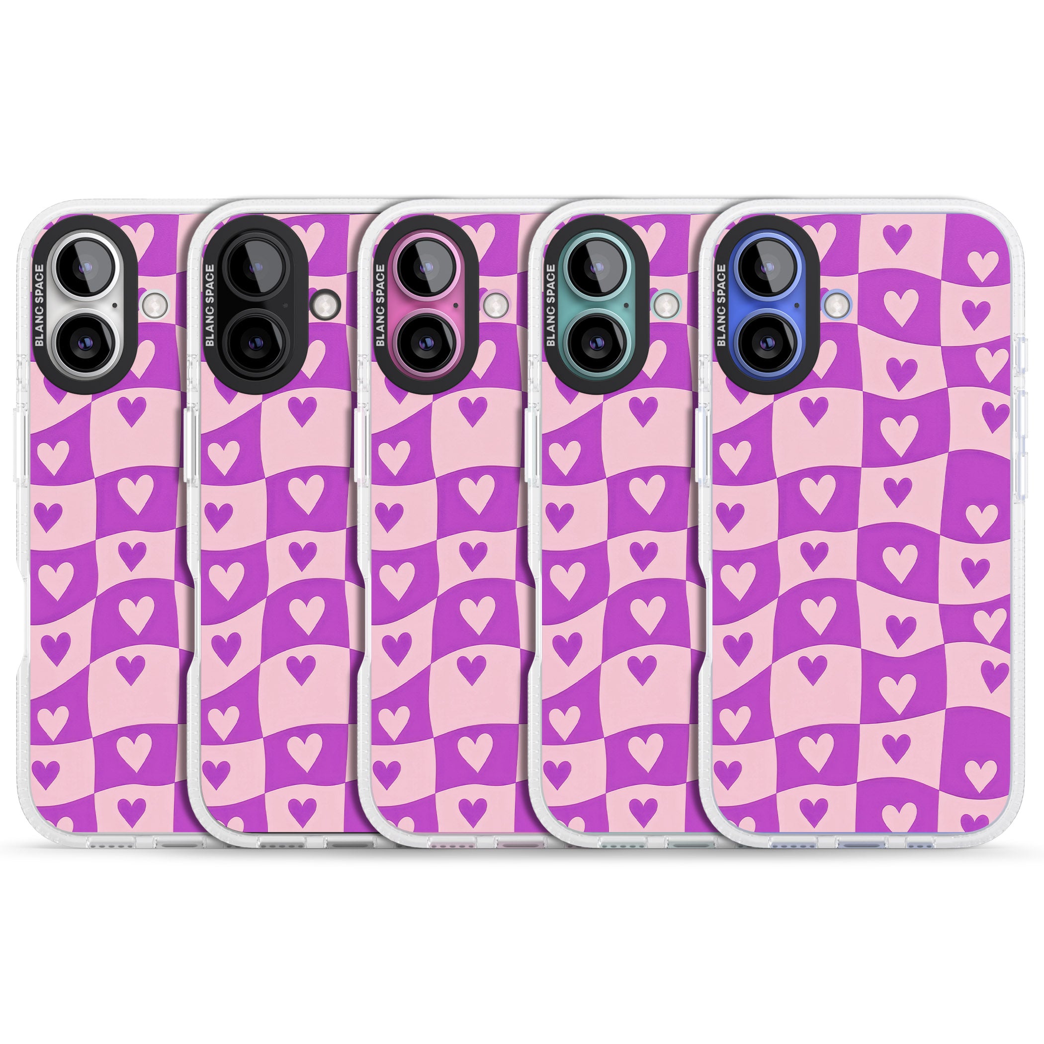 Purple Wavy Checked & Hearts iPhone 16 / 16 Plus Clear Case Impact Air - Blanc Space