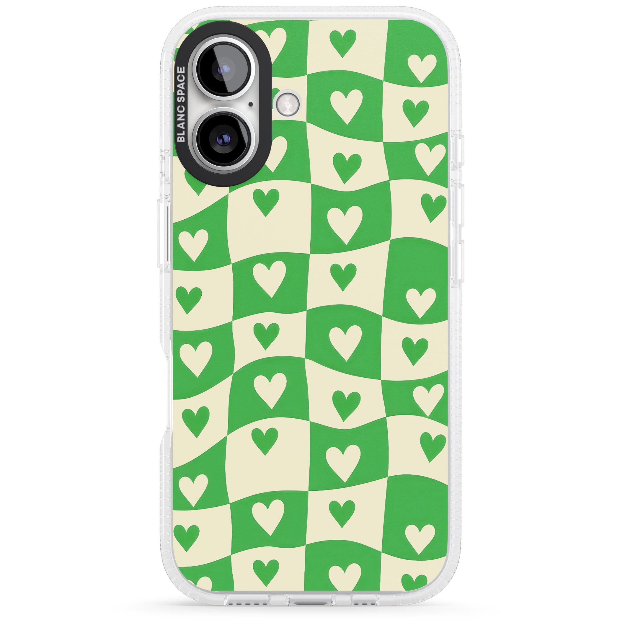 Green Wavy Checked & Hearts iPhone 16 / 16 Plus Clear Case Impact Air - Blanc Space