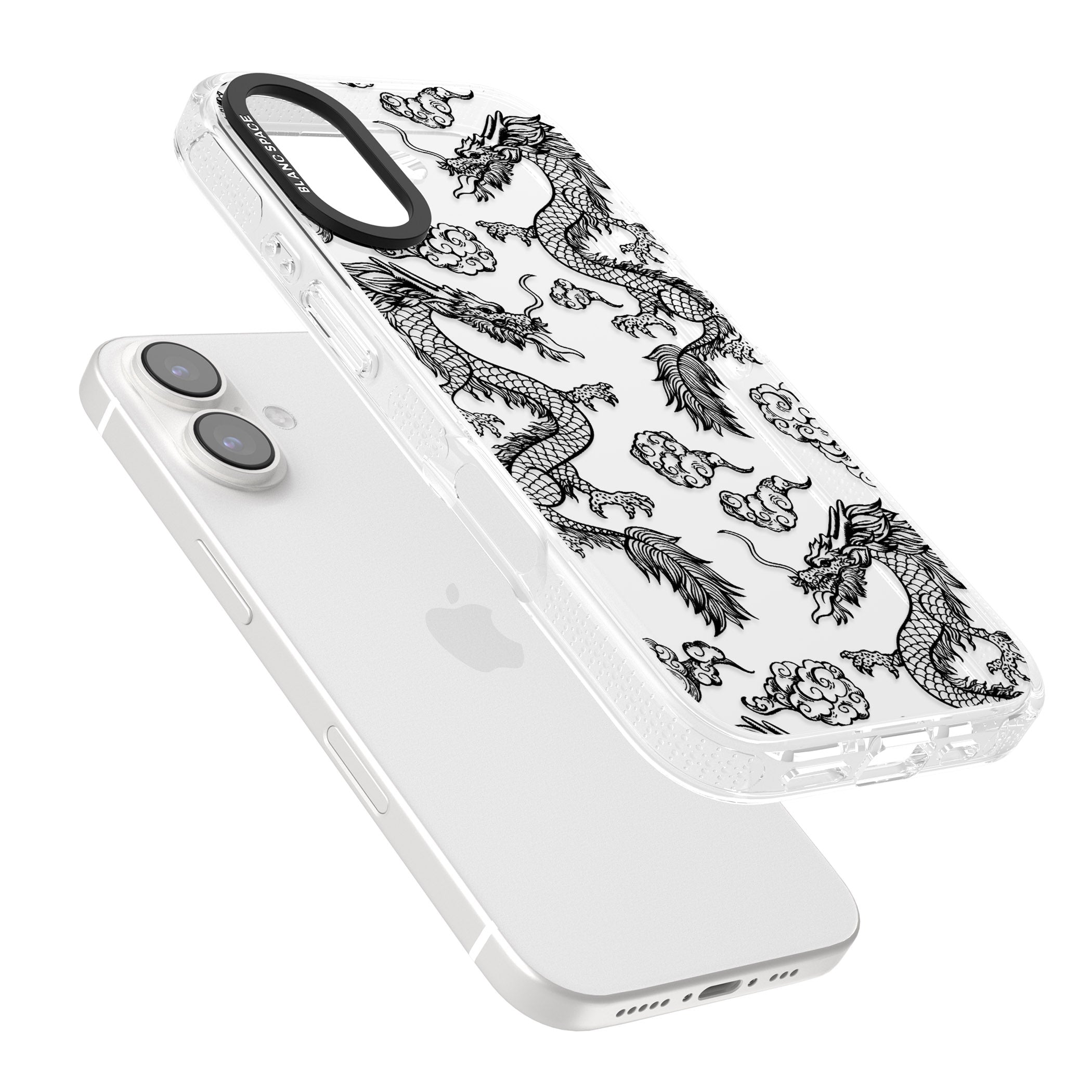 Black Dragon Pattern iPhone 16 / 16 Plus Clear Case Impact Air - Blanc Space