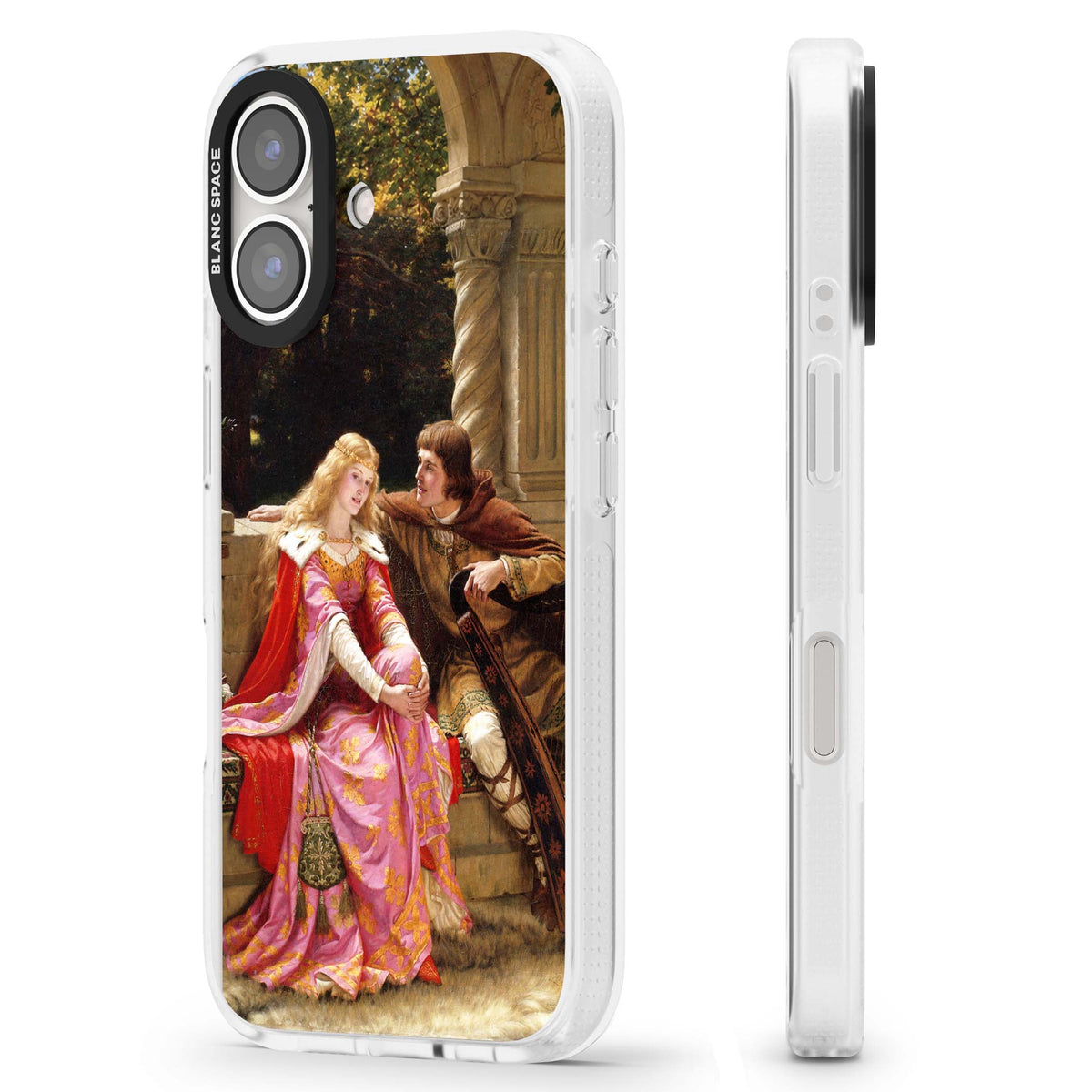 The End of the Song classic art iPhone case featuring a medieval lady in pink gown and her knight in a stone archway | Clear Case Impact Air case for iPhone 16, iPhone 16 Plus
