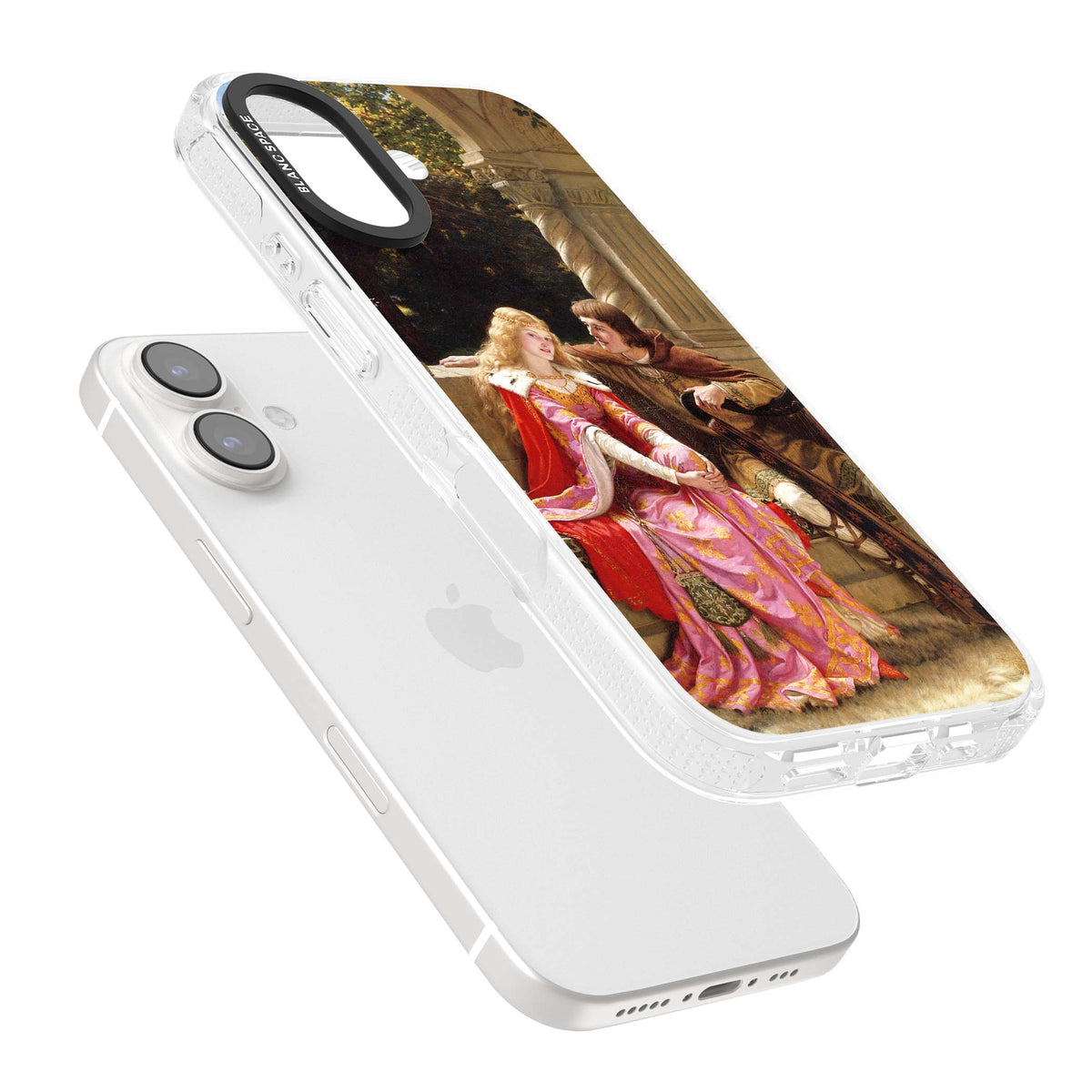 The End of the Song classic art iPhone case featuring a medieval lady in pink gown and her knight in a stone archway | Clear Case Impact Air case for iPhone 16, iPhone 16 Plus