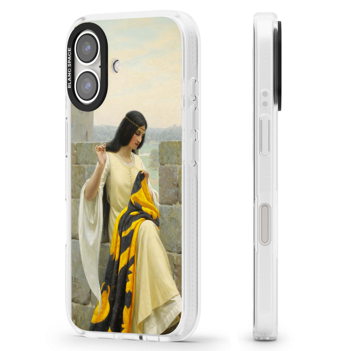 Stitching the Standard renaissance art iPhone case featuring a medieval lady sewing a golden banner on a castle wall | Clear Case Impact Air case for iPhone 16, iPhone 16 Plus