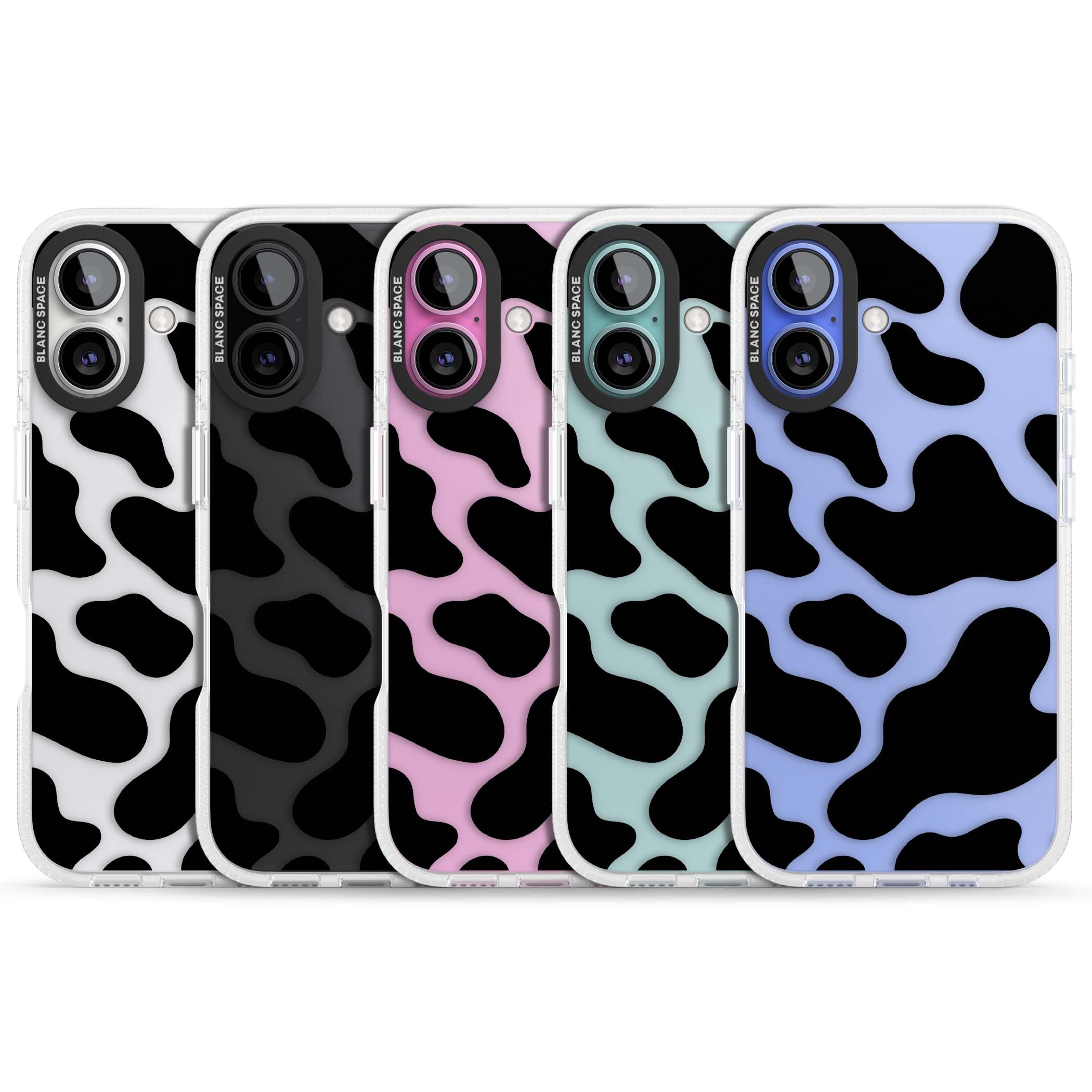 Clear Cow Print cow print iPhone case featuring black and white cow pattern splotches on a clear background | Clear Case Impact Air case for iPhone 16, iPhone 16 Plus