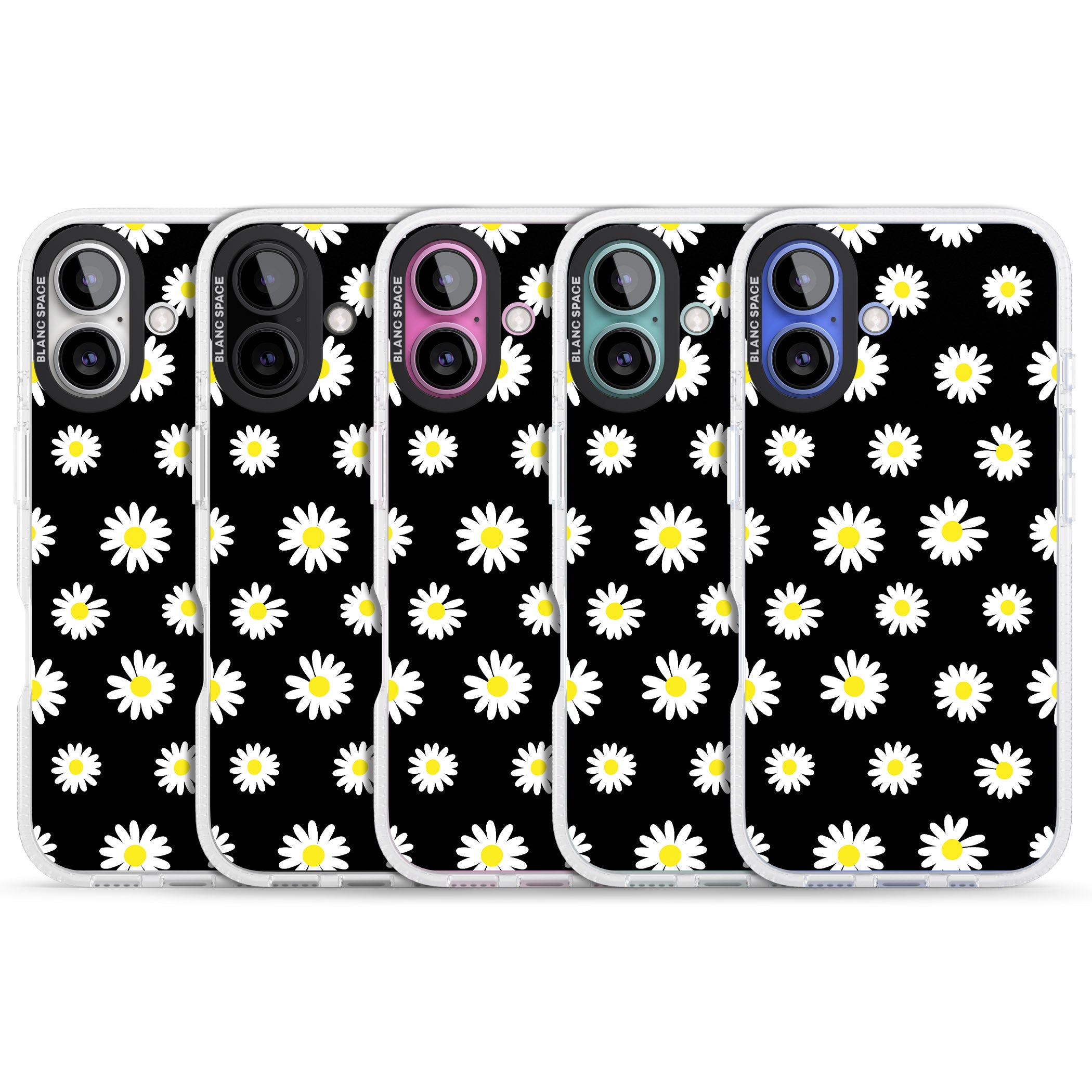 White Daisy Pattern (Black) iPhone 16 / 16 Plus Clear Case Impact Air - Blanc Space