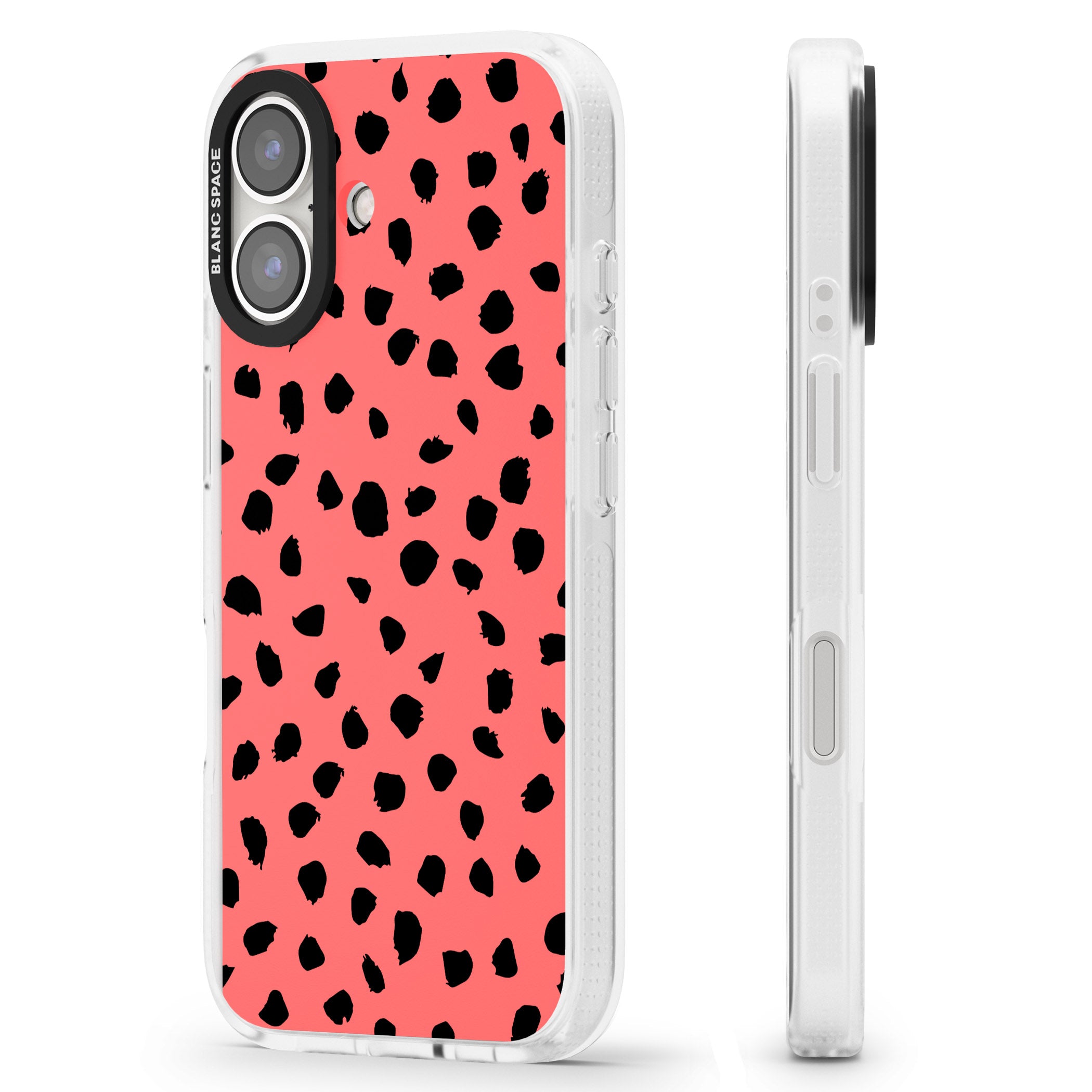 Black on Salmon Pink Dalmatian Polka Dot Spots iPhone 16 / 16 Plus Clear Case Impact Air - Blanc Space