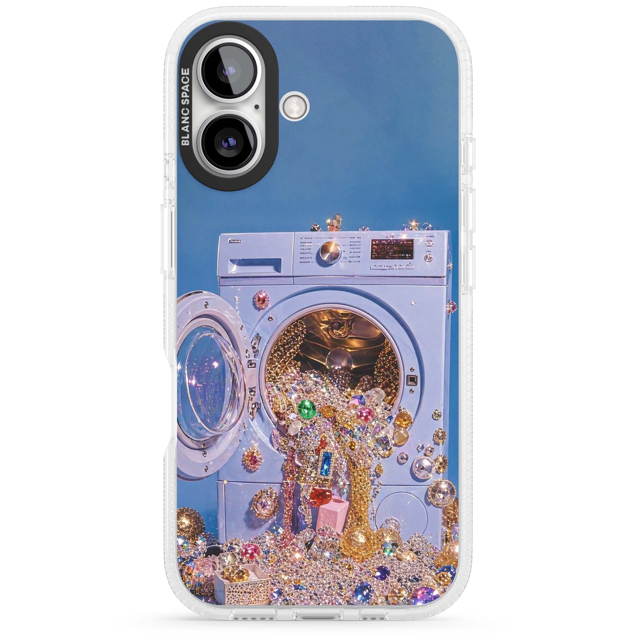 Gem Laundry baddie iPhone case featuring a surreal washing machine overflowing with colourful gemstones and crystals | Clear Case Impact Air case for iPhone 16, iPhone 16 Plus
