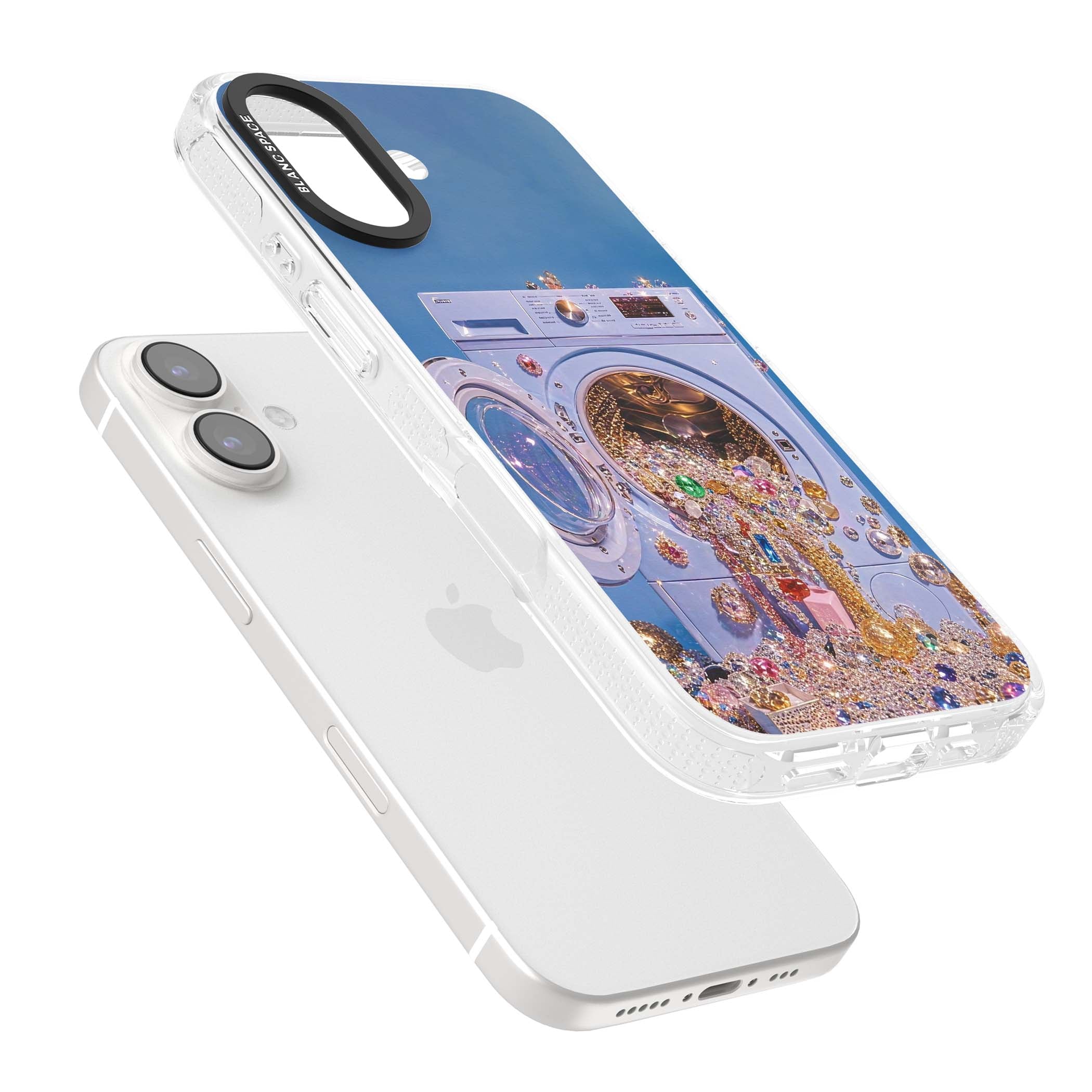 Gem Laundry baddie iPhone case featuring a surreal washing machine overflowing with colourful gemstones and crystals | Clear Case Impact Air case for iPhone 16, iPhone 16 Plus