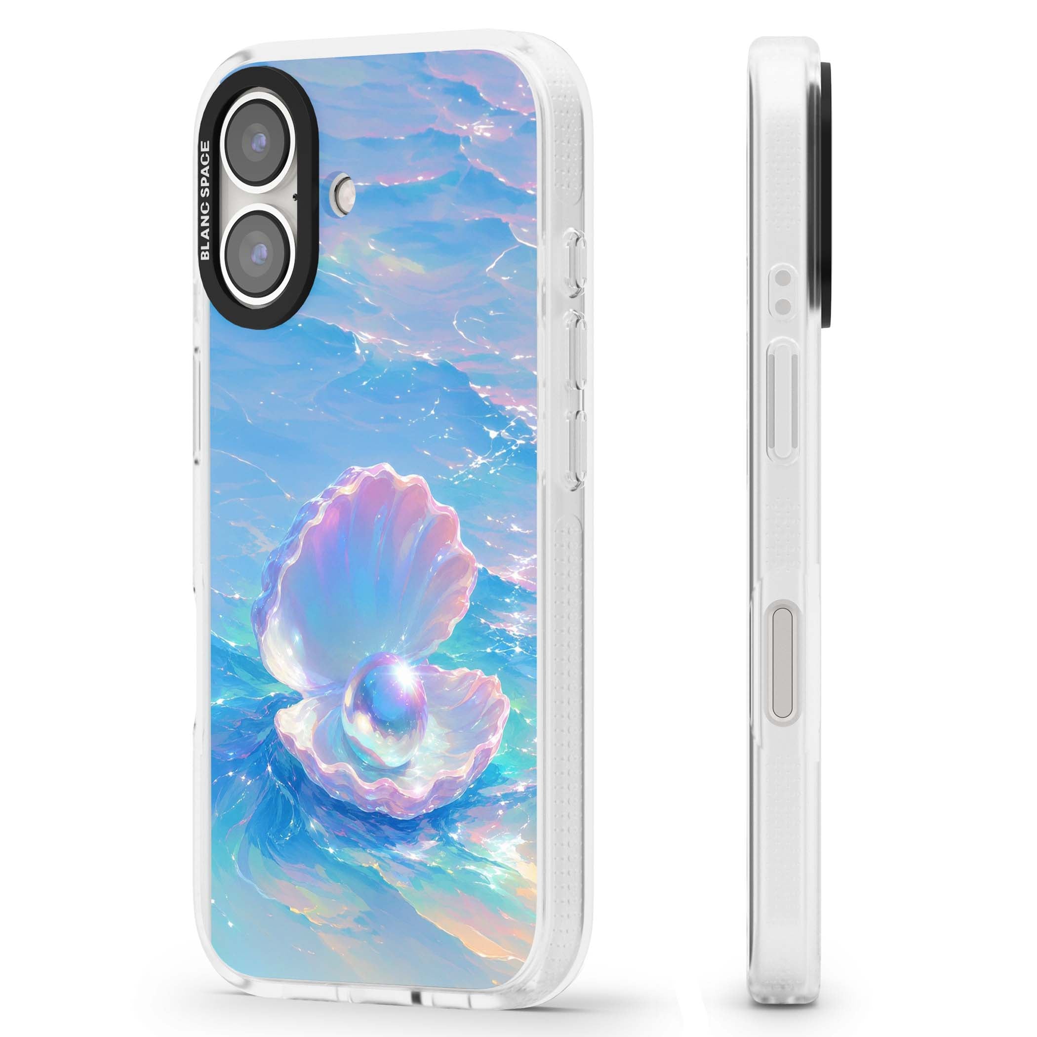 The Pearl Clam mermaidcore iPhone case featuring iridescent seashell, glowing pearl and pastel ocean waves | Clear Case Impact Air case for iPhone 16, iPhone 16 Plus