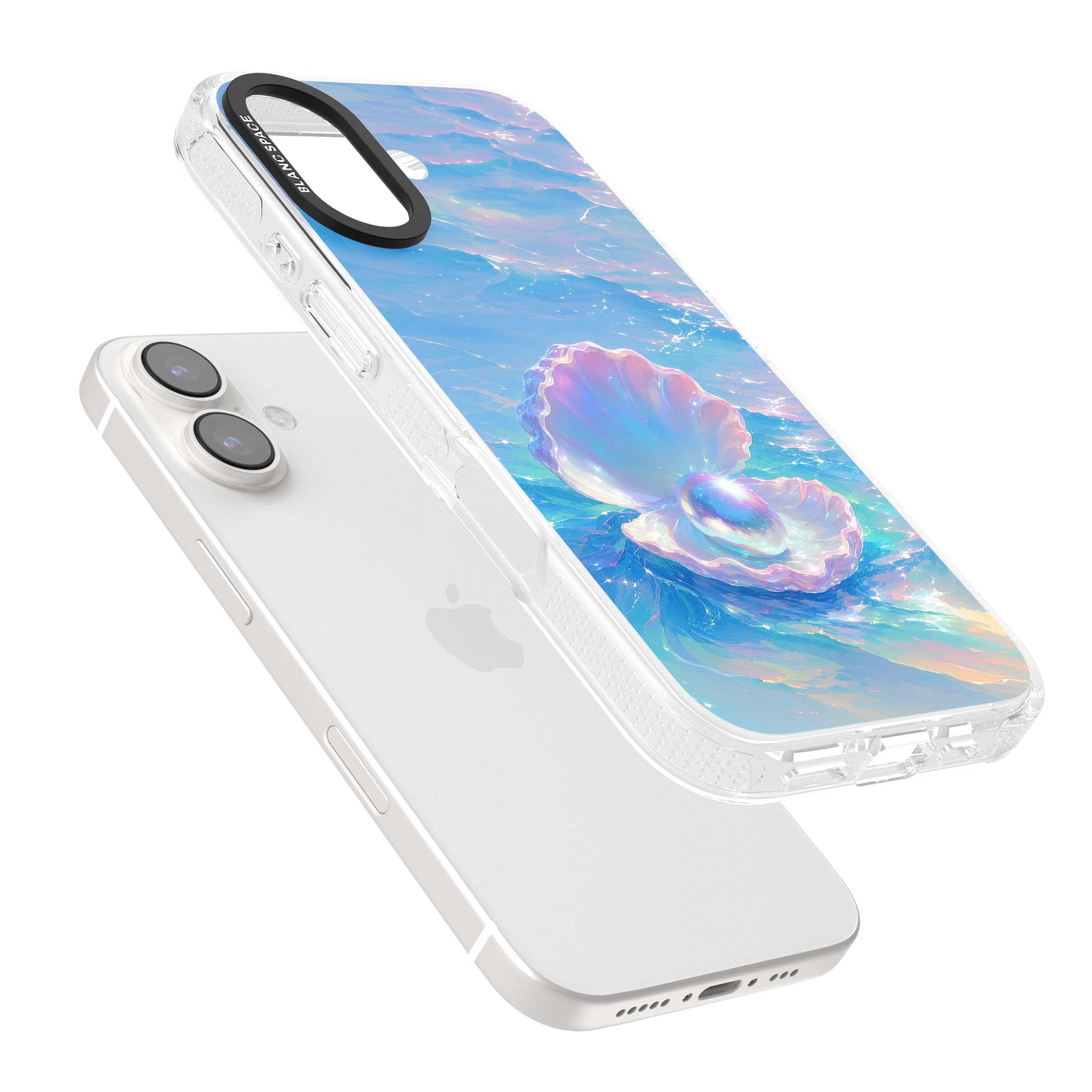 The Pearl Clam mermaidcore iPhone case featuring iridescent seashell, glowing pearl and pastel ocean waves | Clear Case Impact Air case for iPhone 16, iPhone 16 Plus