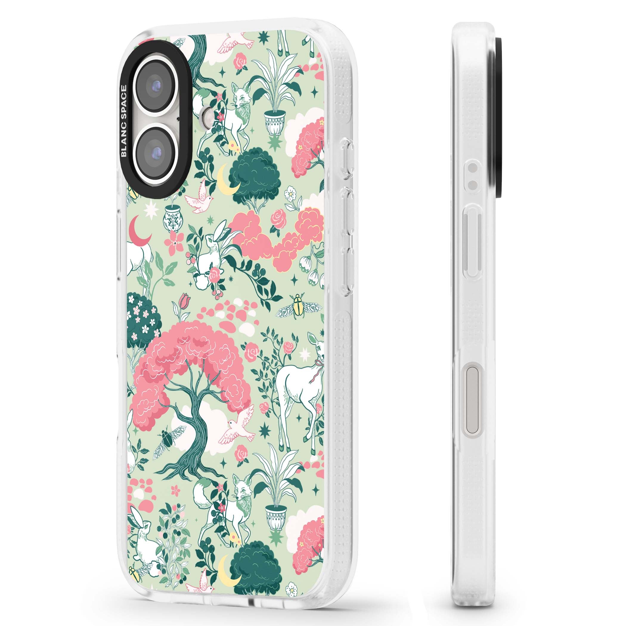 Enchanted Woodland cottagecore iPhone case featuring white deer, pink roses, mushrooms and woodland animals on sage green | Clear Case Impact Air case for iPhone 16, iPhone 16 Plus