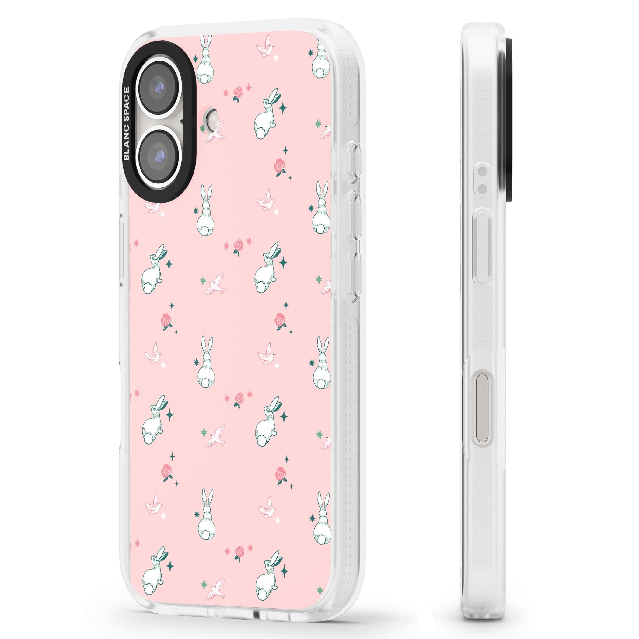 Bunny Garden kawaii iPhone case featuring white rabbits, pink roses, doves and stars on pink background | Clear Case Impact Air case for iPhone 16, iPhone 16 Plus