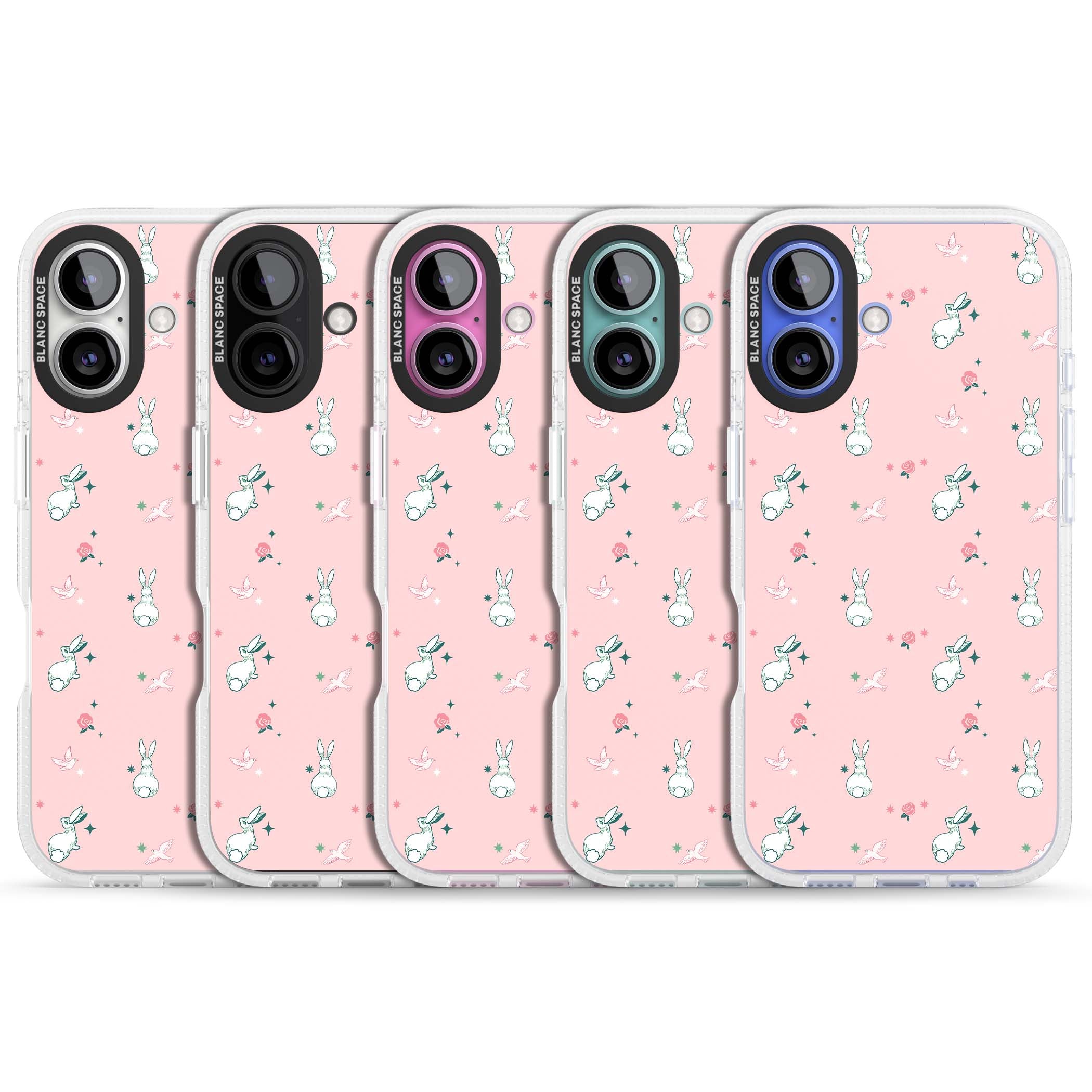 Bunny Garden kawaii iPhone case featuring white rabbits, pink roses, doves and stars on pink background | Clear Case Impact Air case for iPhone 16, iPhone 16 Plus
