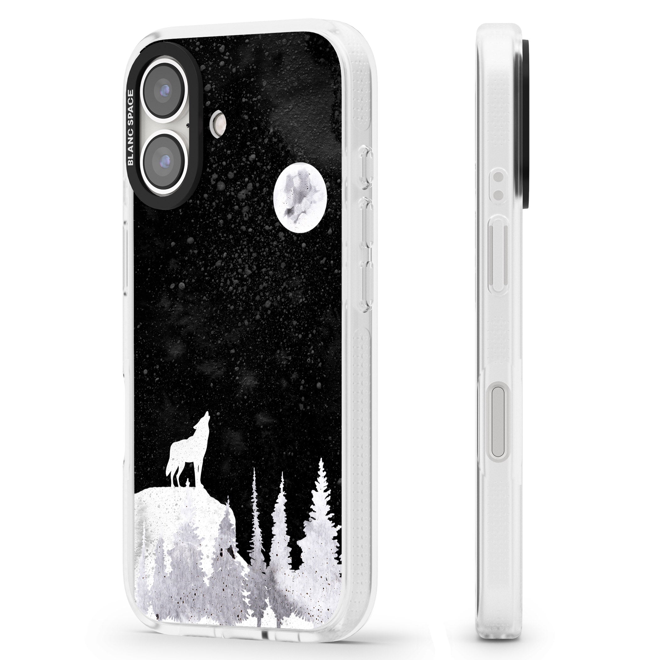 Moon Phases: Wolf & Full Moon iPhone 16 / 16 Plus Clear Case Impact Air - Blanc Space