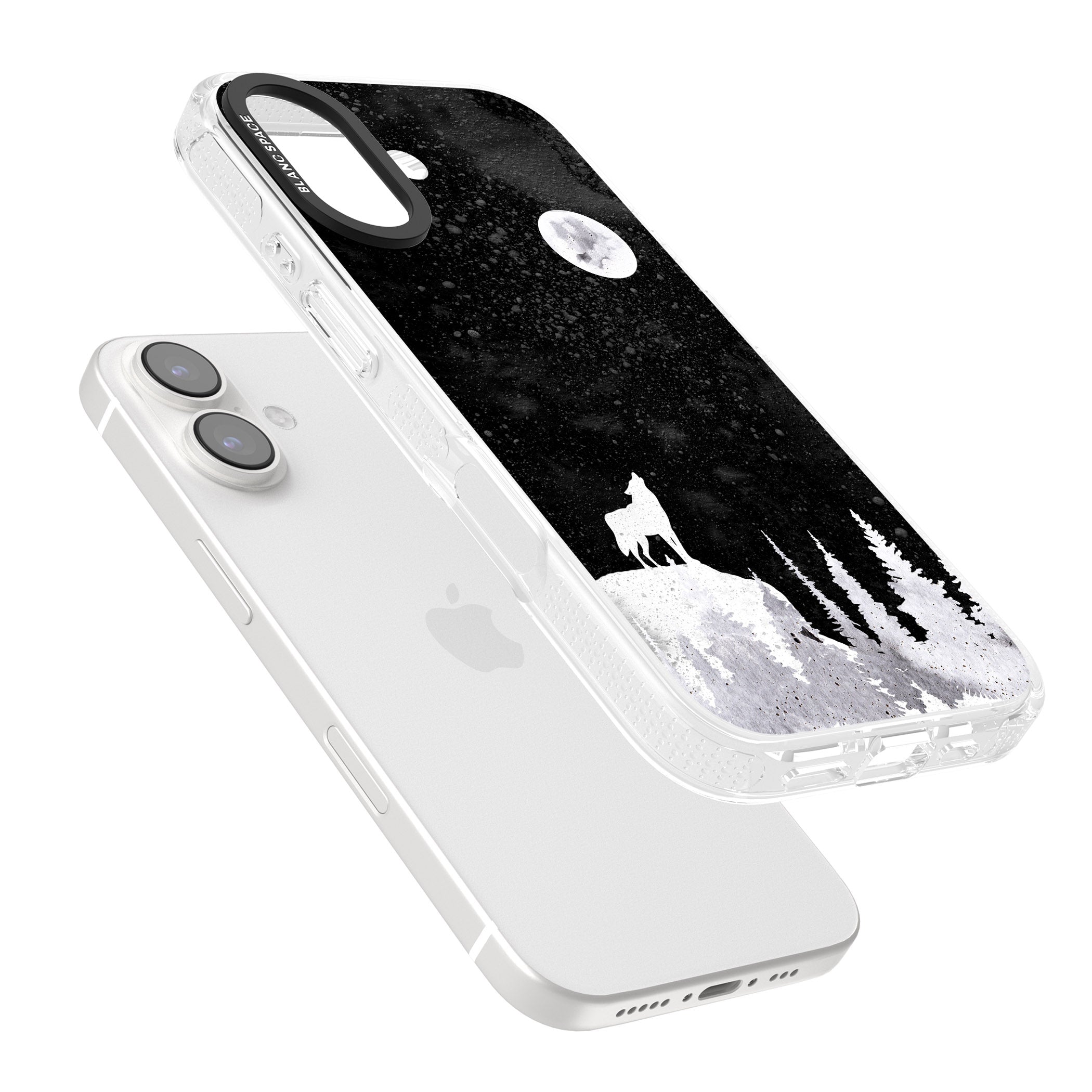 Moon Phases: Wolf & Full Moon iPhone 16 / 16 Plus Clear Case Impact Air - Blanc Space
