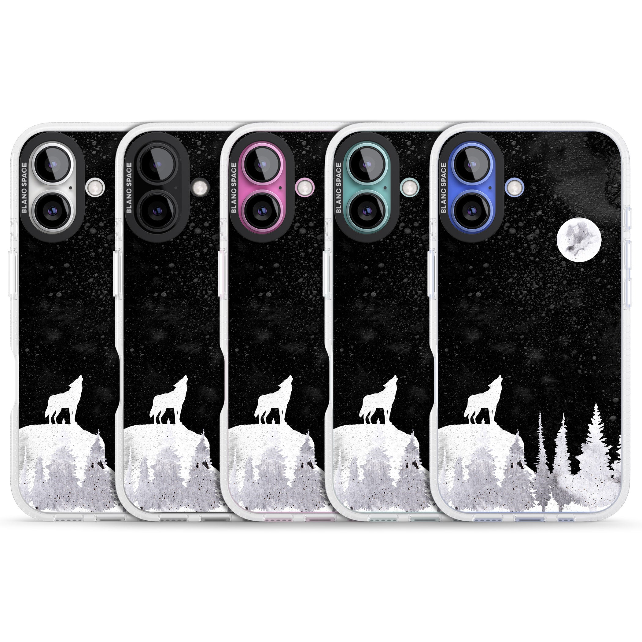 Moon Phases: Wolf & Full Moon iPhone 16 / 16 Plus Clear Case Impact Air - Blanc Space