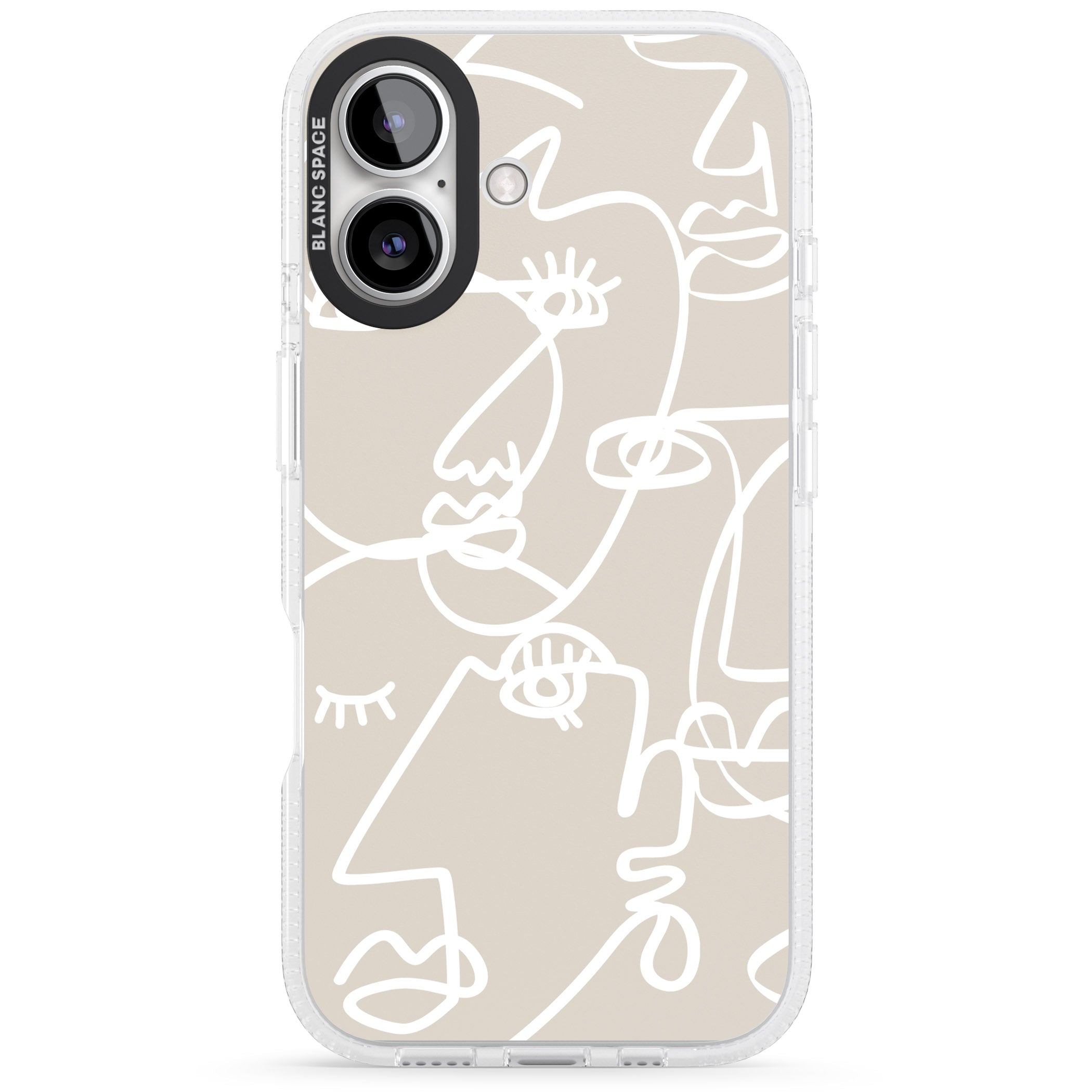 Abstract Continuous Line Faces White on Beige iPhone 16 / 16 Plus Clear Case Impact Air - Blanc Space