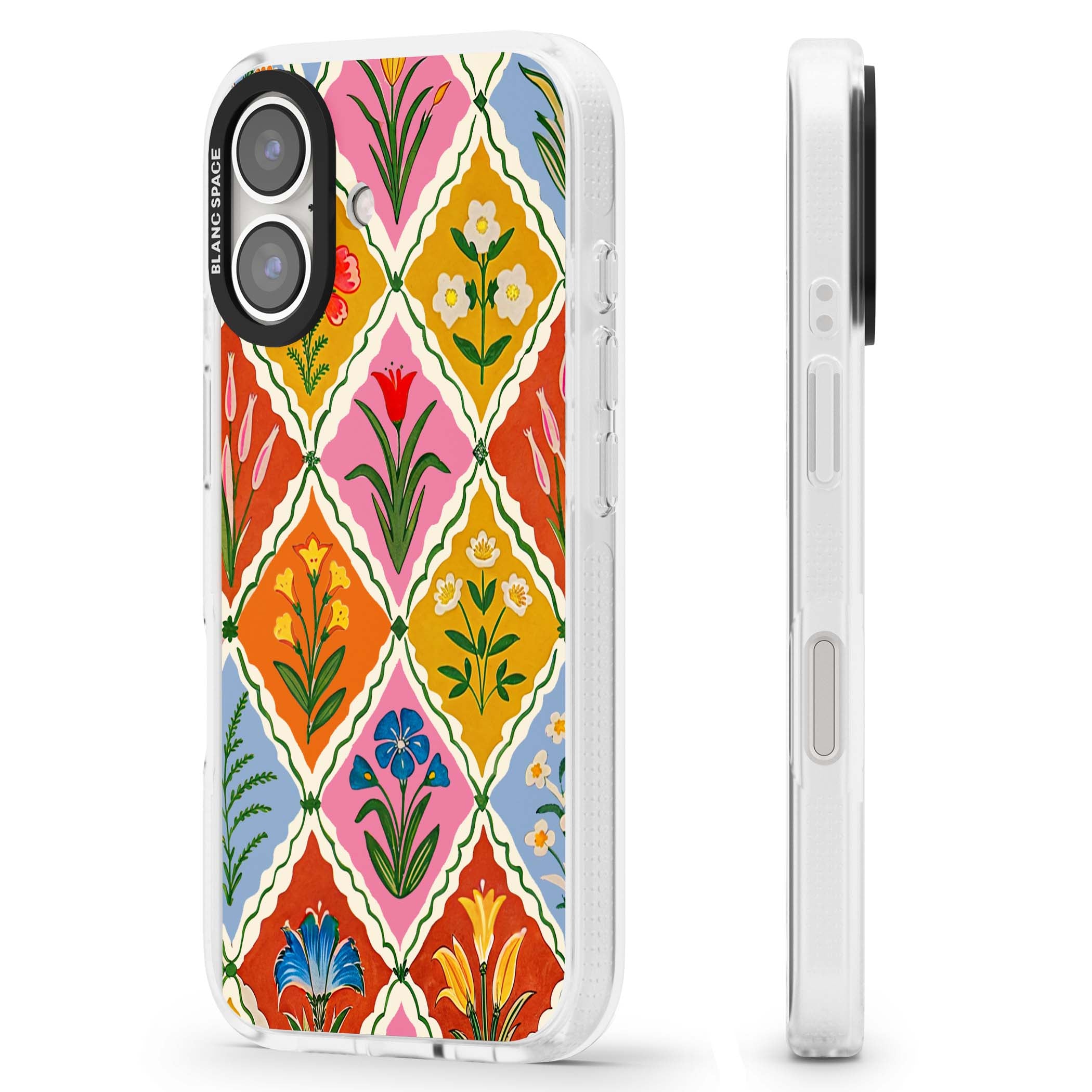 Floral Quilt boho floral iPhone case featuring diamond lattice pattern, hand-painted tulips and folk art wildflowers | Clear Case Impact Air case for iPhone 16, iPhone 16 Plus