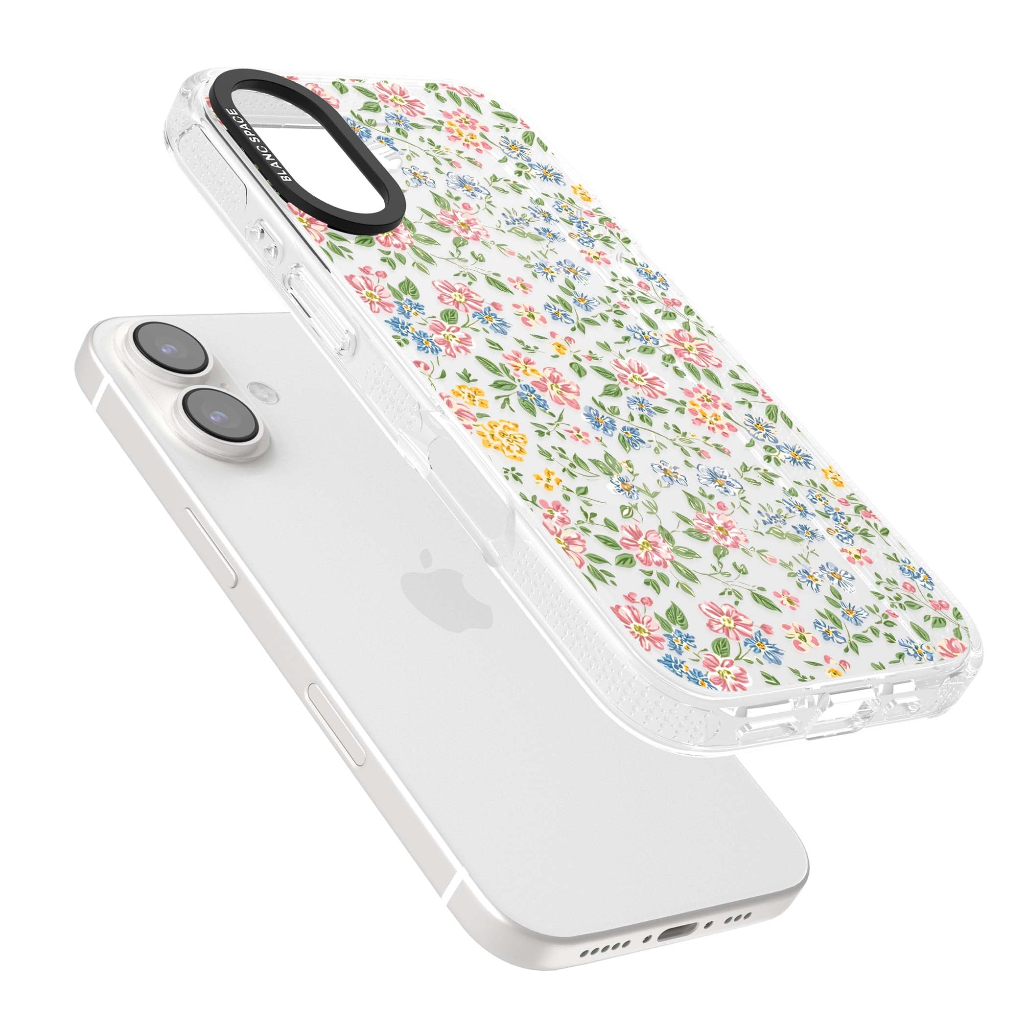 Soft Meadow cottagecore iPhone case featuring pink cosmos, blue forget-me-nots, yellow buttercups and green leaves sca | Clear Case Impact Air case for iPhone 16, iPhone 16 Plus