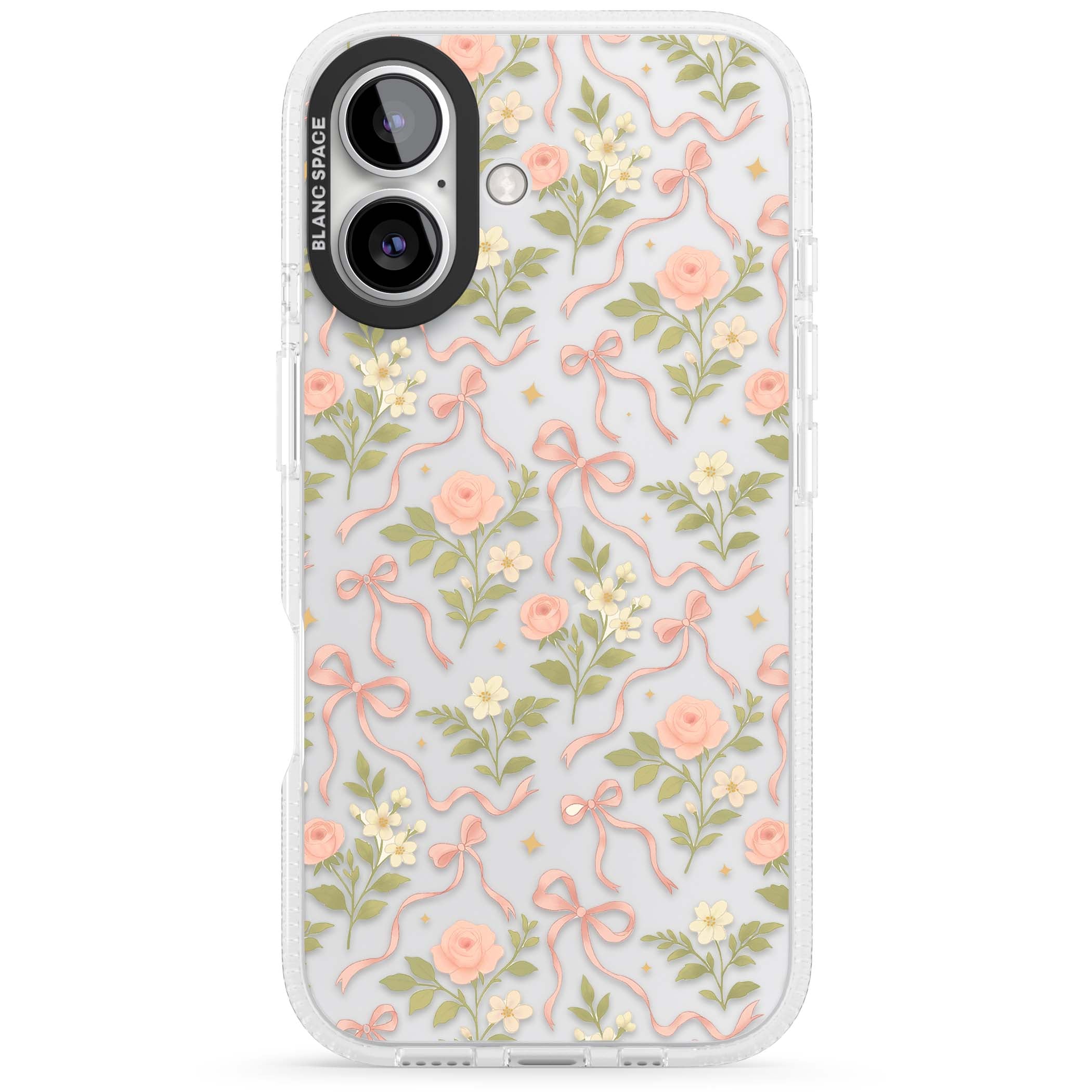 Ribbon Garden coquette iPhone case featuring pink bows, peach roses and wildflowers on white background | Clear Case Impact Air case for iPhone 16, iPhone 16 Plus