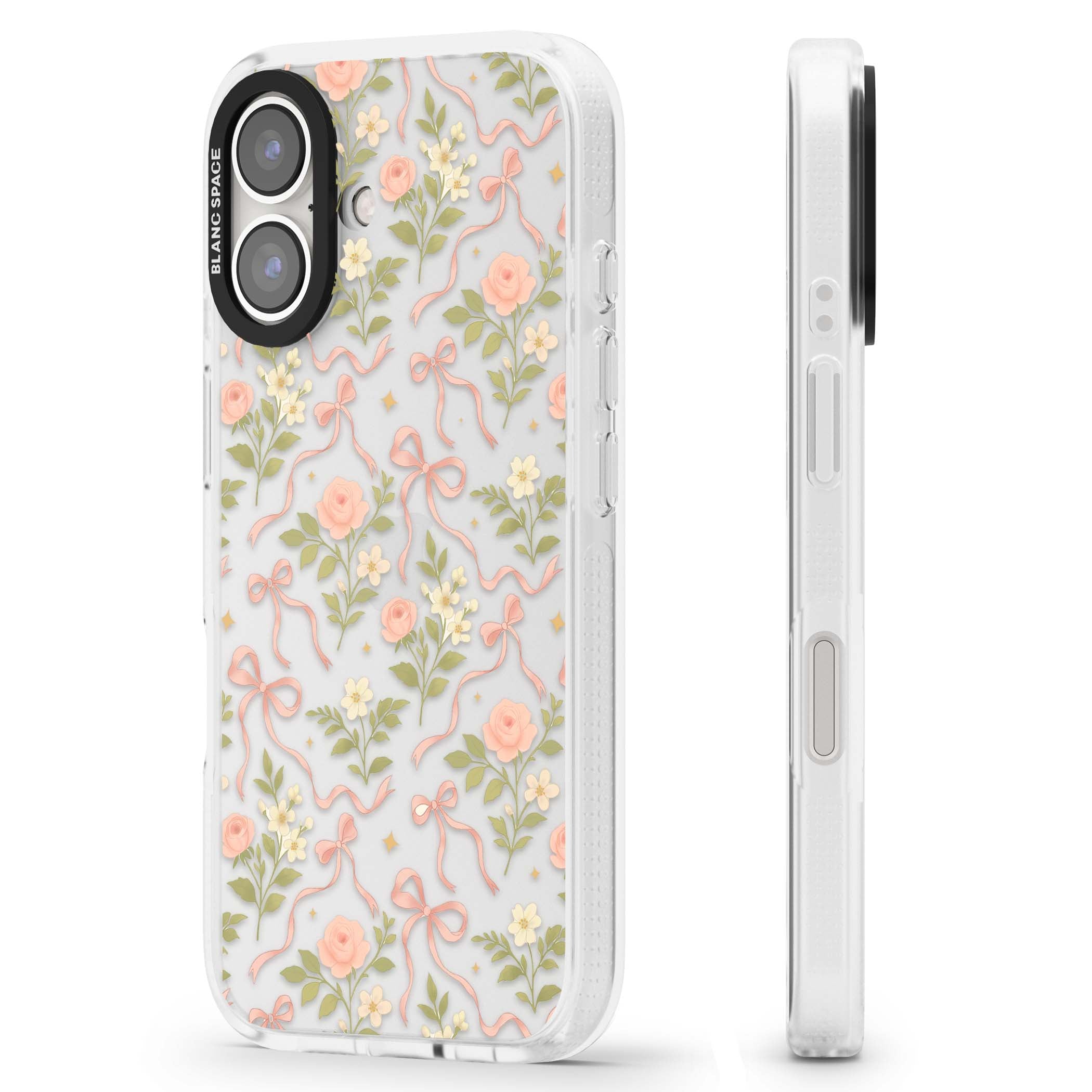 Ribbon Garden coquette iPhone case featuring pink bows, peach roses and wildflowers on white background | Clear Case Impact Air case for iPhone 16, iPhone 16 Plus