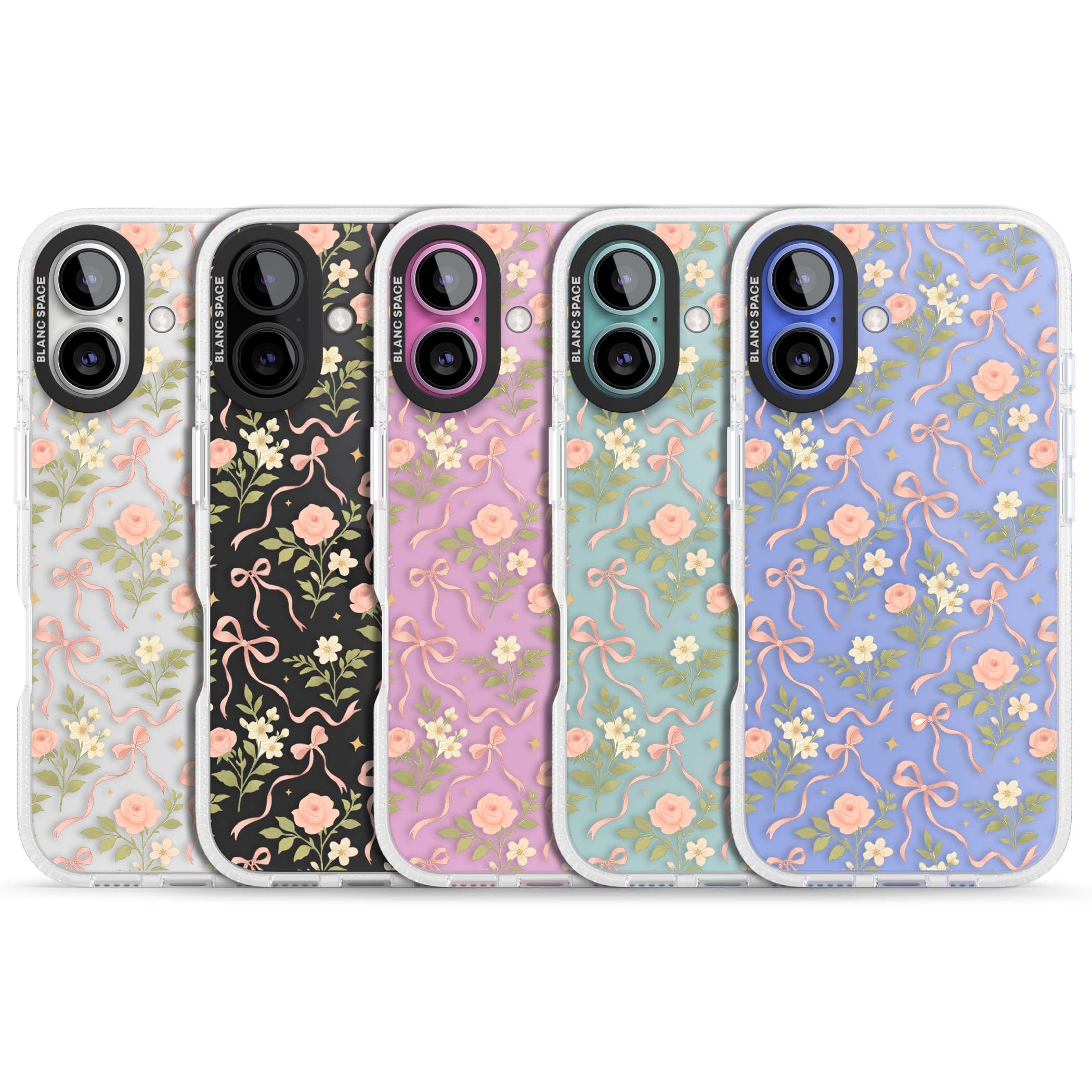 Ribbon Garden coquette iPhone case featuring pink bows, peach roses and wildflowers on white background | Clear Case Impact Air case for iPhone 16, iPhone 16 Plus