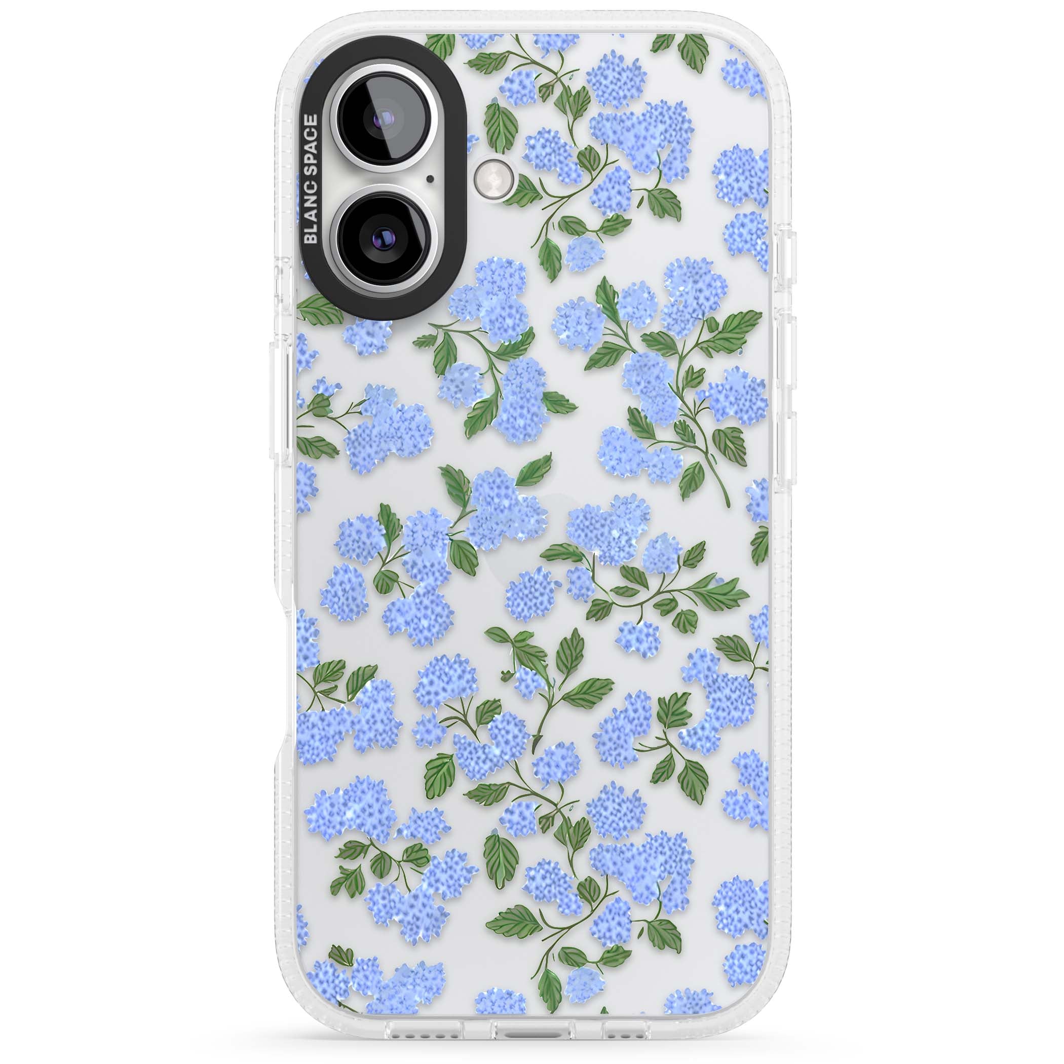 Hydrangea Dreams cottagecore iPhone case featuring soft blue hydrangea flower clusters and green leaves | Clear Case Impact Air case for iPhone 16, iPhone 16 Plus