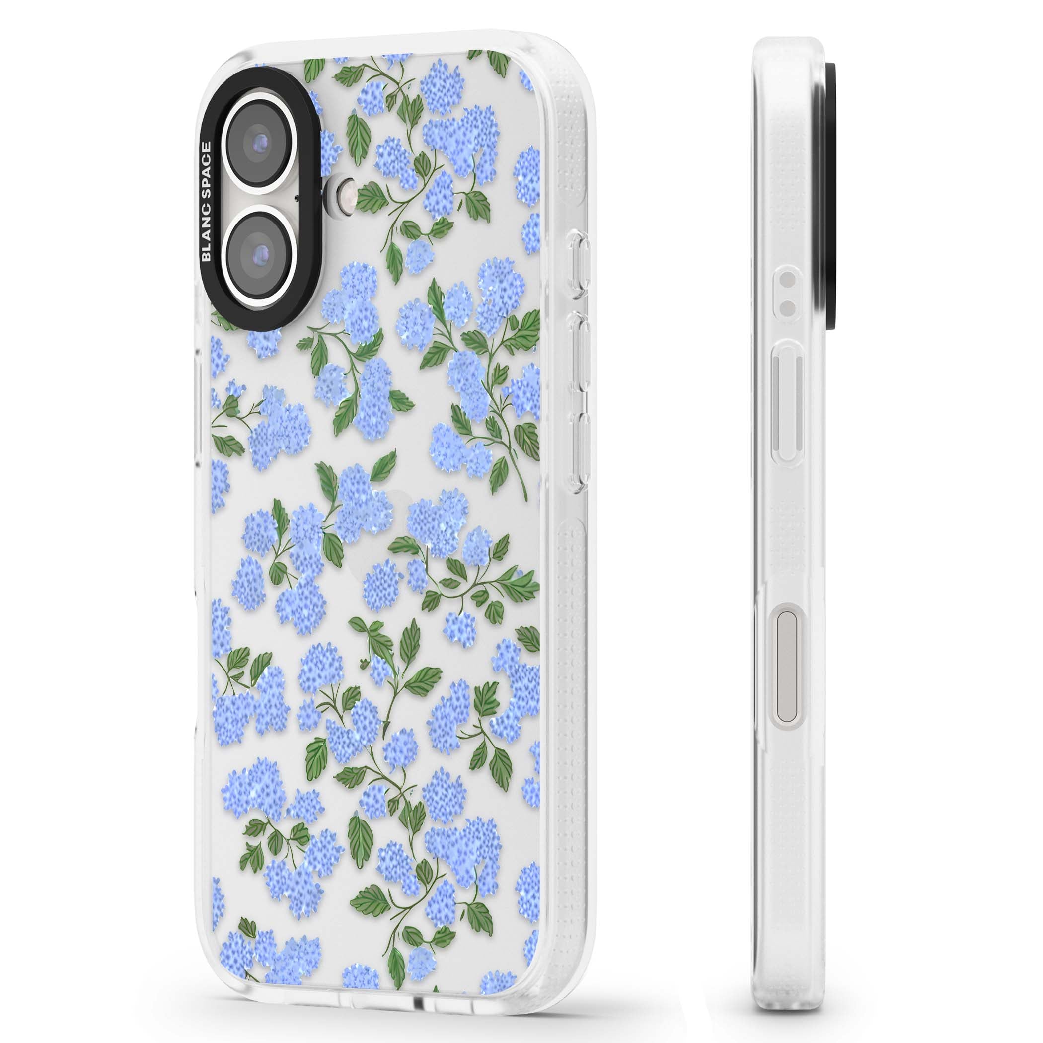 Hydrangea Dreams cottagecore iPhone case featuring soft blue hydrangea flower clusters and green leaves | Clear Case Impact Air case for iPhone 16, iPhone 16 Plus