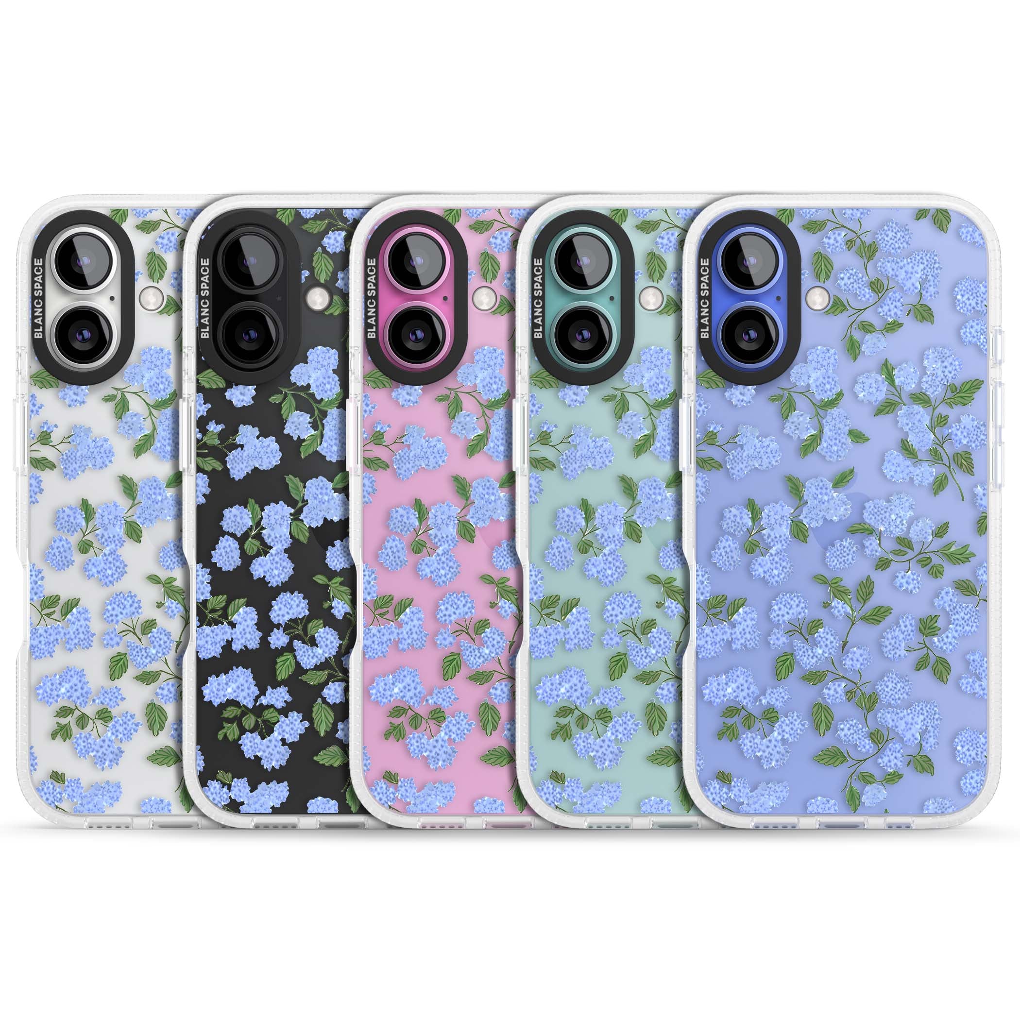 Hydrangea Dreams cottagecore iPhone case featuring soft blue hydrangea flower clusters and green leaves | Clear Case Impact Air case for iPhone 16, iPhone 16 Plus