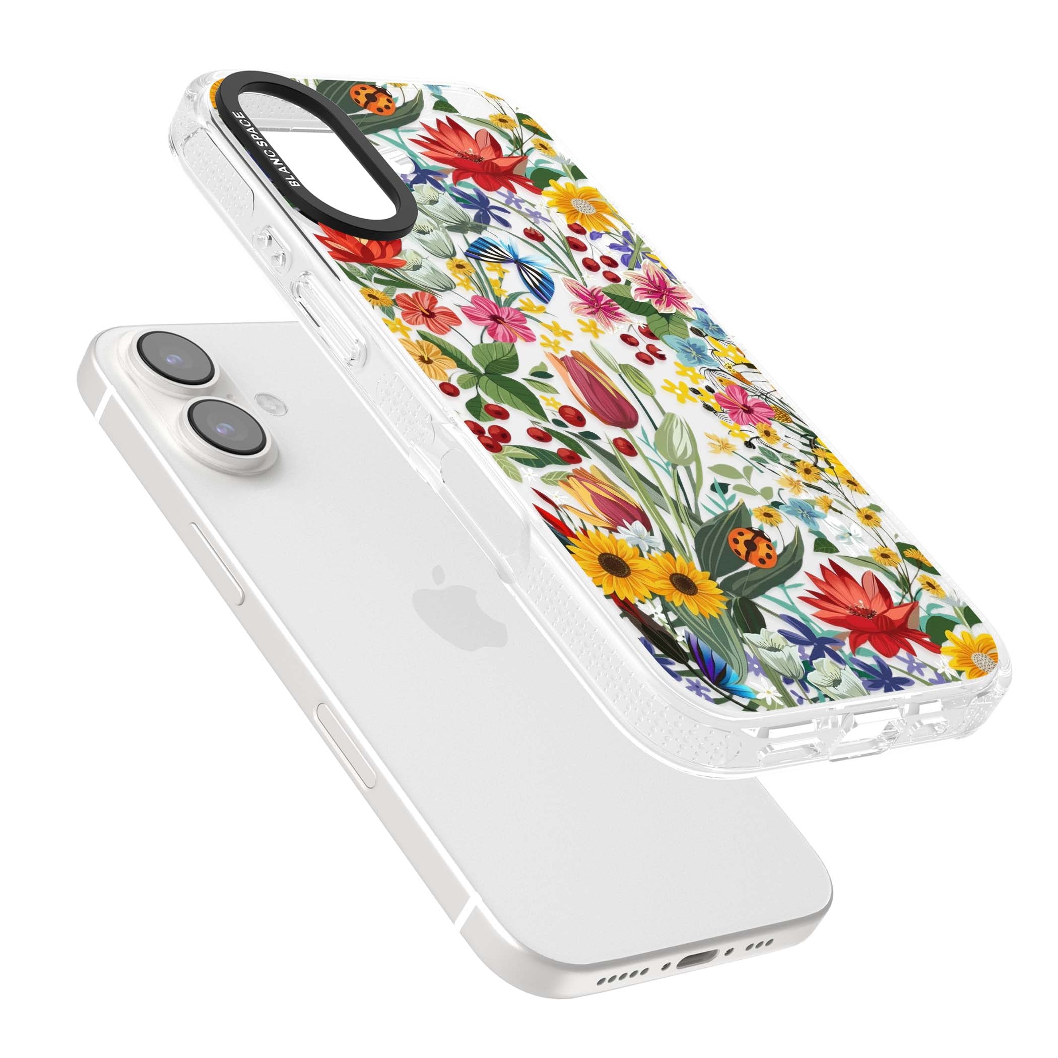 Botanical Bloom cottagecore iPhone case featuring colorful wildflowers, sunflowers, and ladybugs on clear background | Clear Case Impact Air case for iPhone 16, iPhone 16 Plus