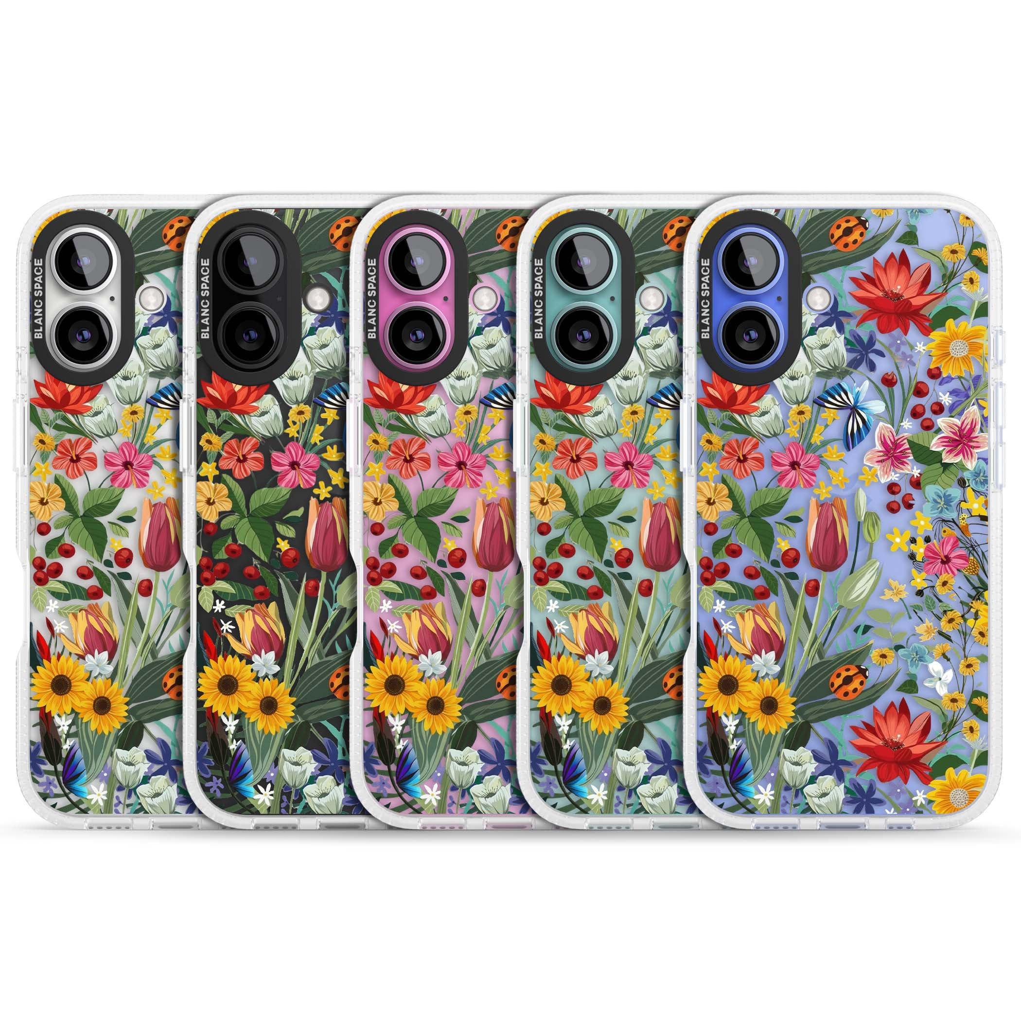 Botanical Bloom cottagecore iPhone case featuring colorful wildflowers, sunflowers, and ladybugs on clear background | Clear Case Impact Air case for iPhone 16, iPhone 16 Plus