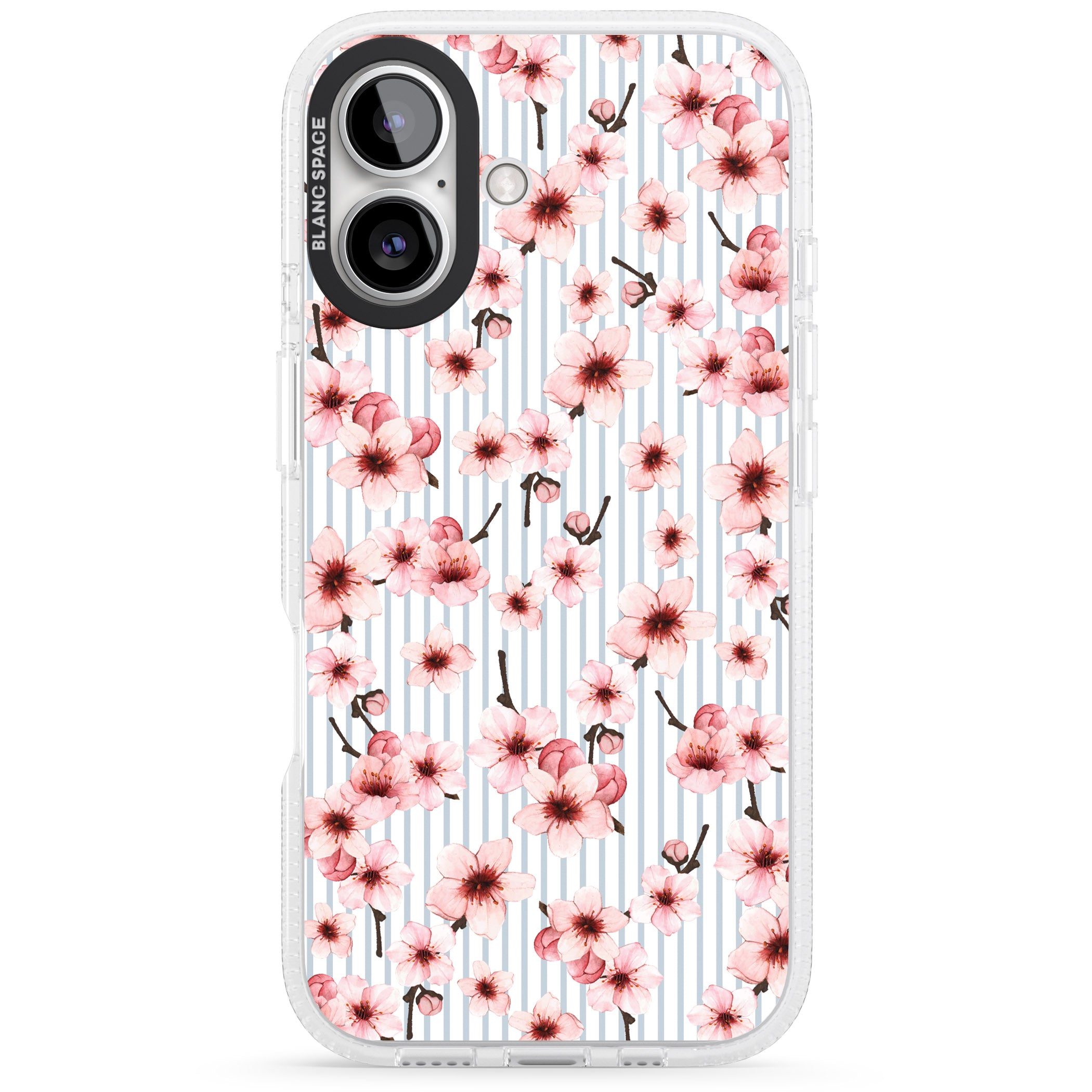 Cherry Blossoms on Blue Stripes Pattern iPhone 16 / 16 Plus Clear Case Impact Air - Blanc Space