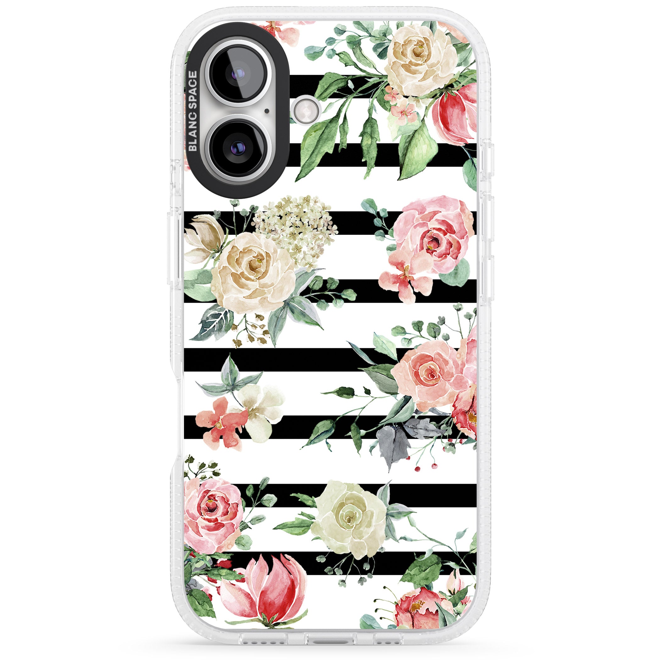 Bold Stripes & Flower Pattern iPhone 16 / 16 Plus Clear Case Impact Air - Blanc Space