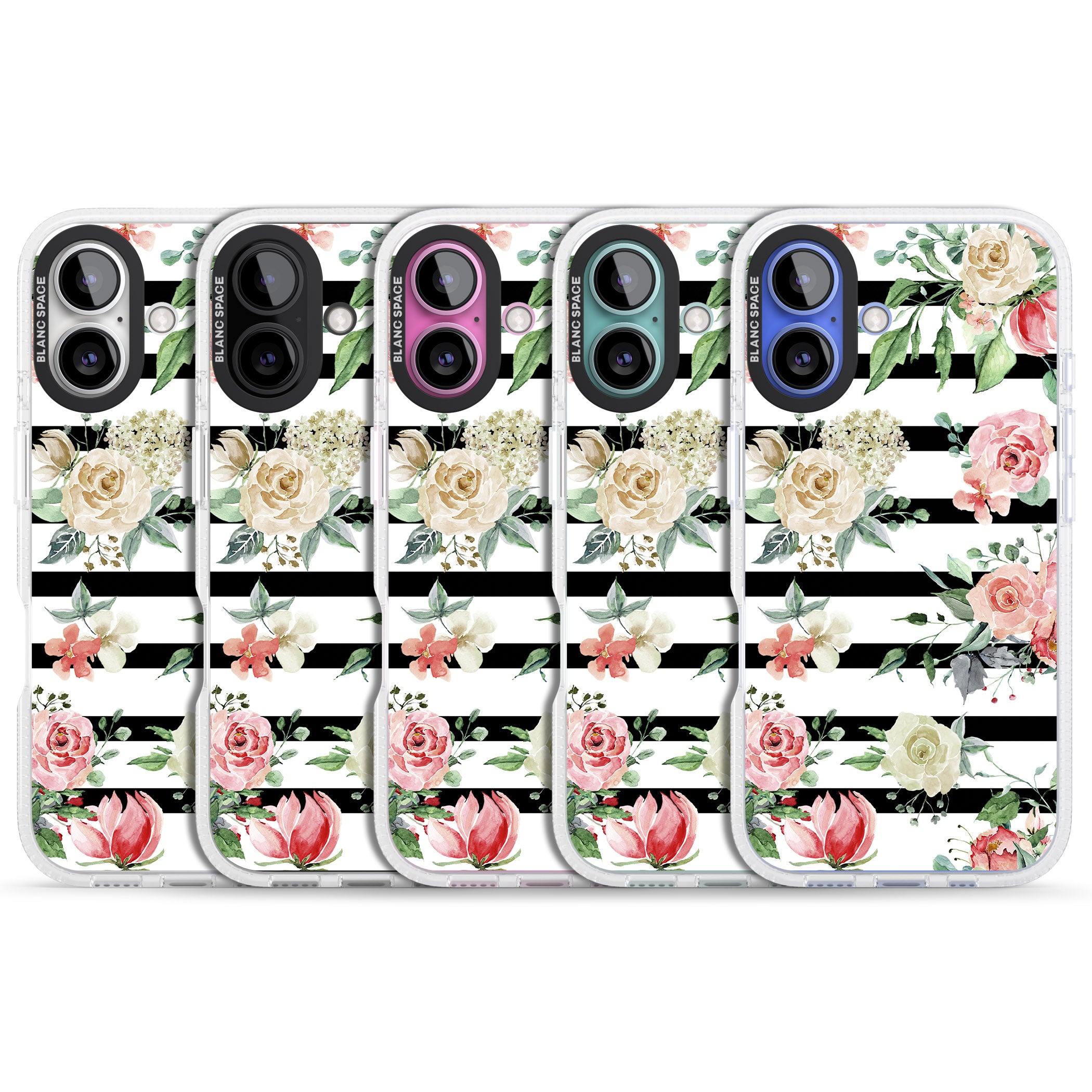 Bold Stripes & Flower Pattern iPhone 16 / 16 Plus Clear Case Impact Air - Blanc Space