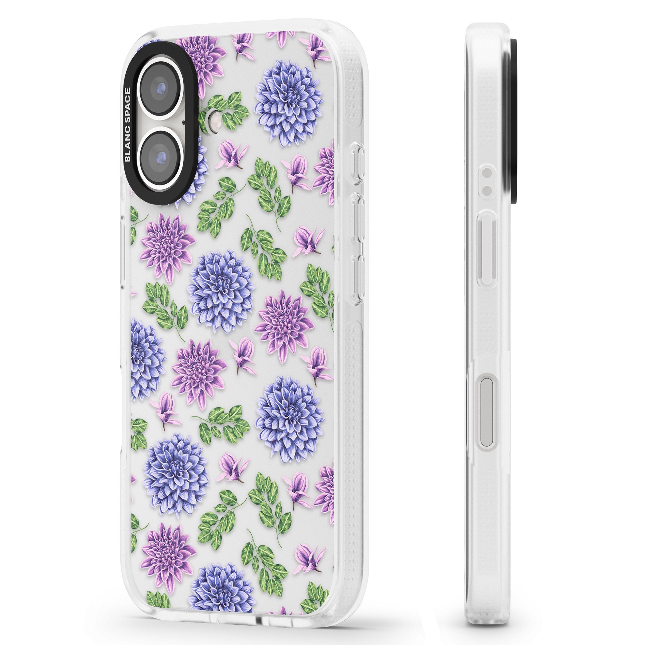Purple Dahlias Transparent Floral iPhone 16 / 16 Plus Clear Case Impact Air - Blanc Space