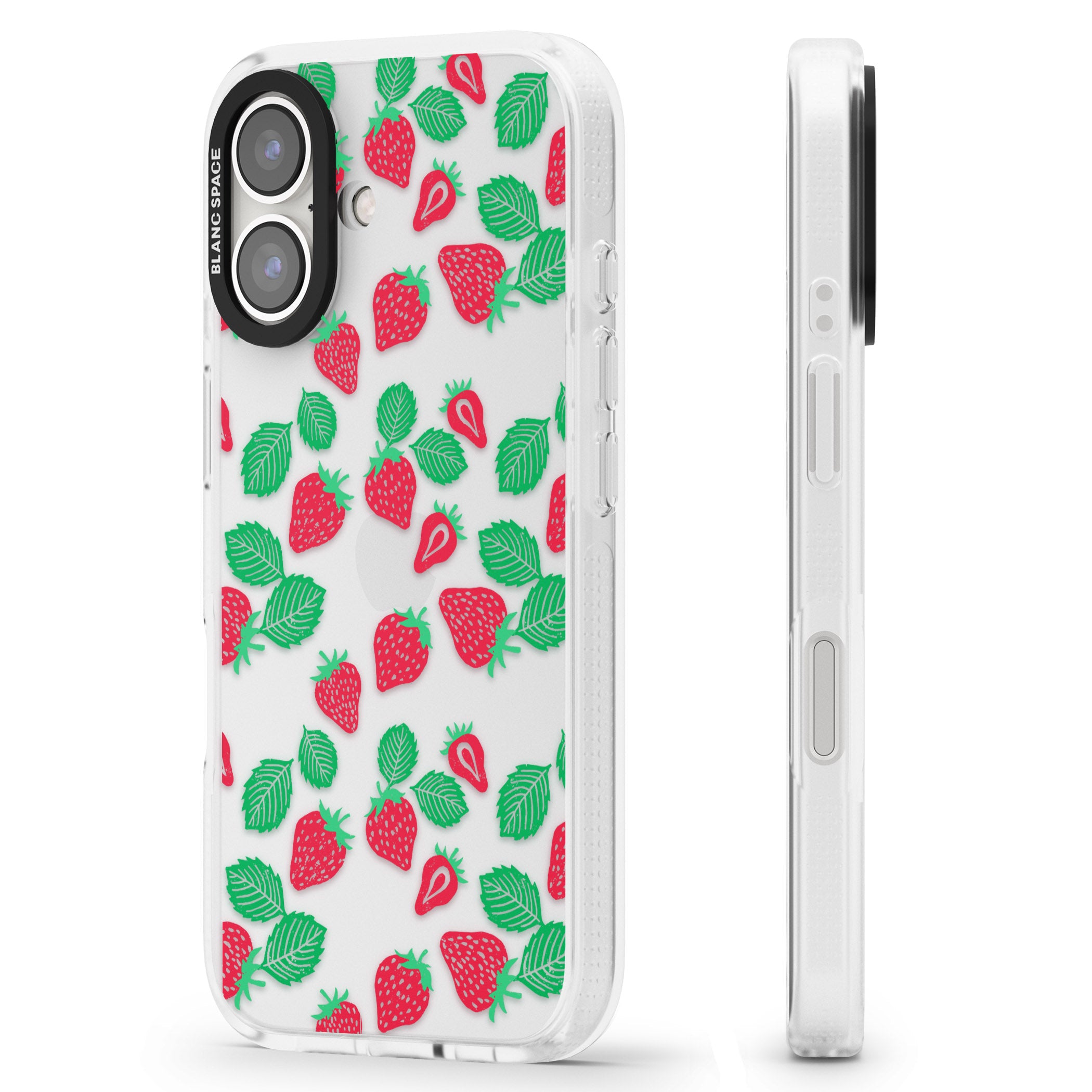 Strawberry Pattern iPhone 16 / 16 Plus Clear Case Impact Air - Blanc Space