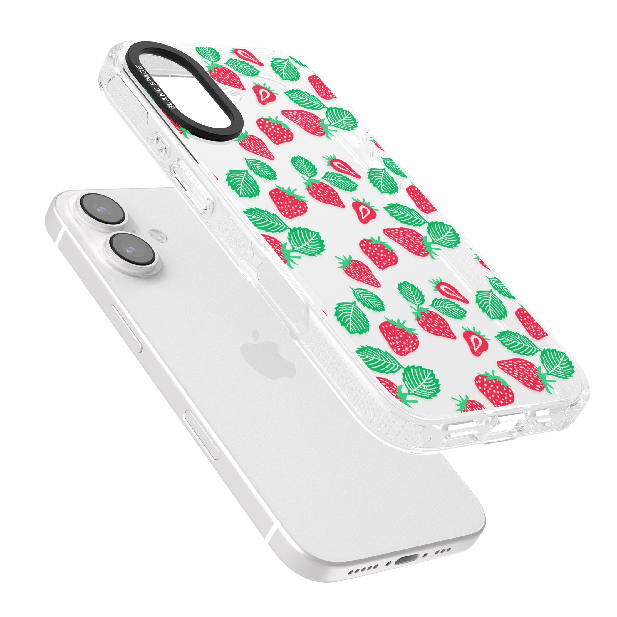 Strawberry Pattern iPhone 16 / 16 Plus Clear Case Impact Air - Blanc Space