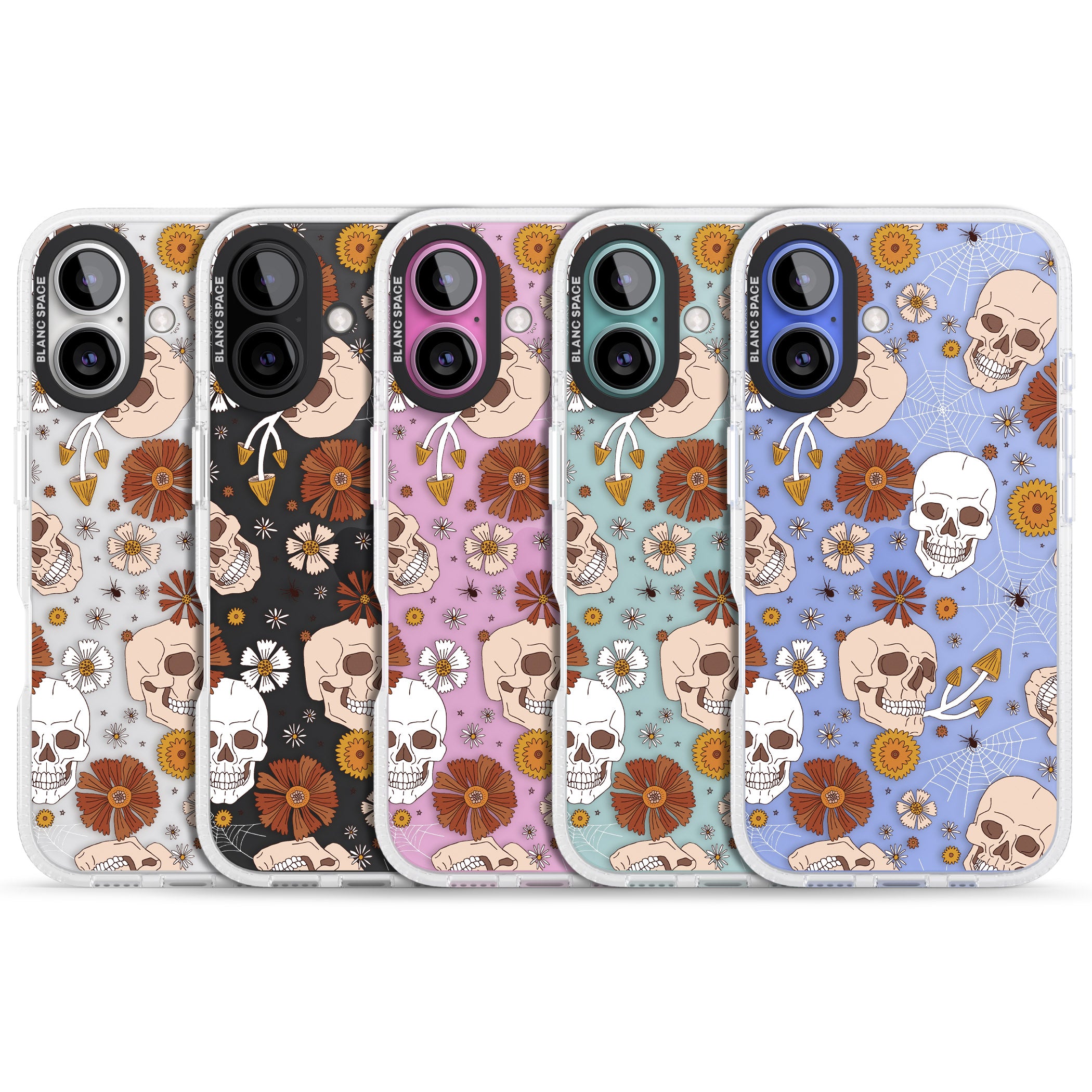 Halloween Skulls and Flowers iPhone 16 / 16 Plus Clear Case Impact Air - Blanc Space