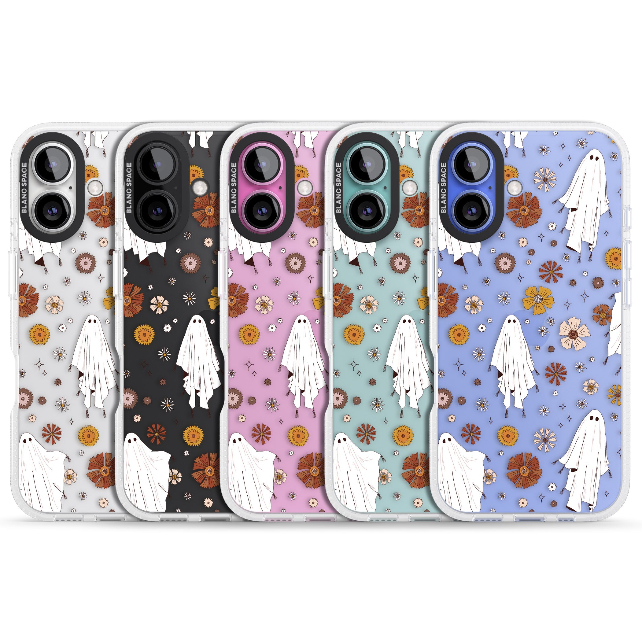 Halloween Ghosts and Flowers iPhone 16 / 16 Plus Clear Case Impact Air - Blanc Space