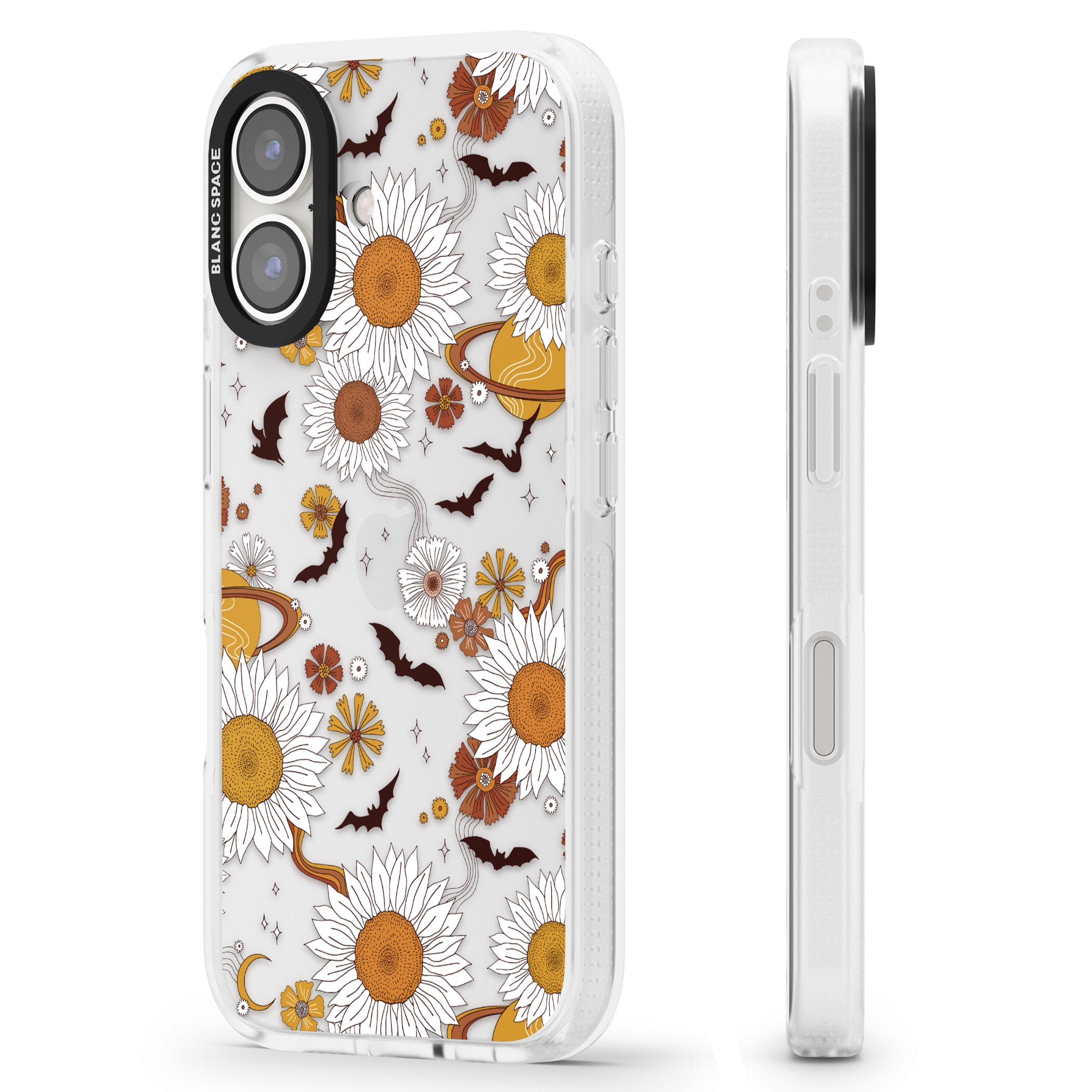 Halloween Bats and Planets iPhone 16 / 16 Plus Clear Case Impact Air - Blanc Space