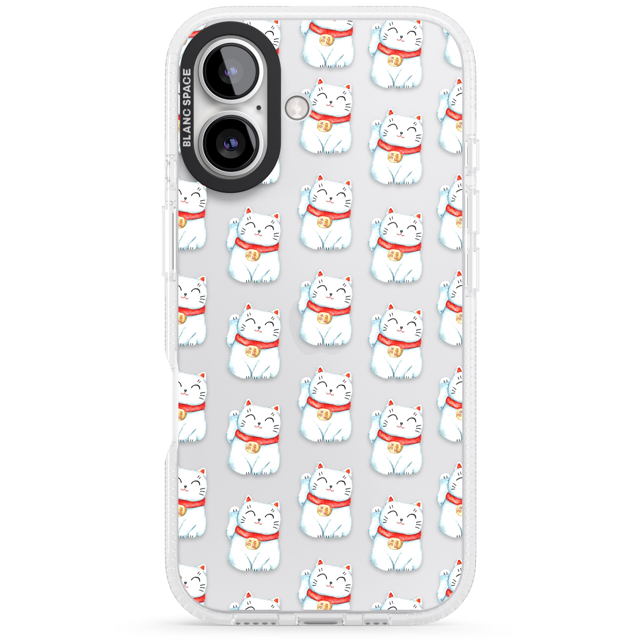 Lucky Cat Maneki-Neko Japanese Pattern iPhone 16 / 16 Plus Clear Case Impact Air - Blanc Space