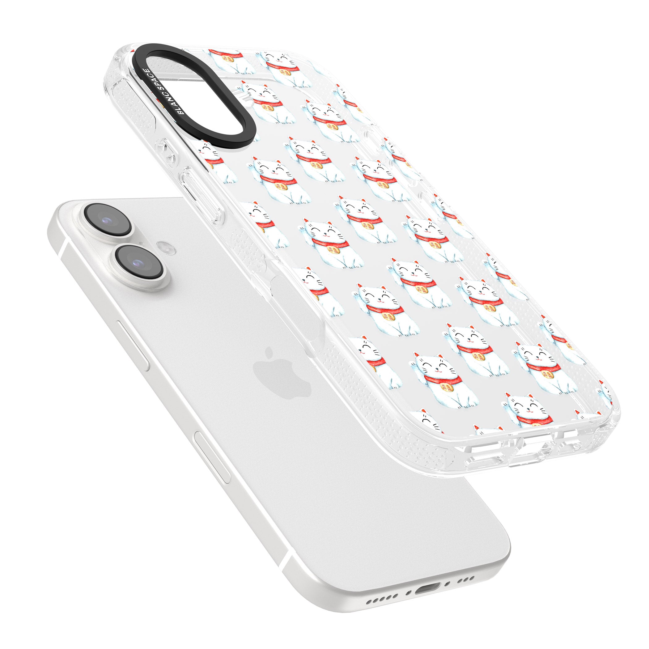 Lucky Cat Maneki-Neko Japanese Pattern iPhone 16 / 16 Plus Clear Case Impact Air - Blanc Space