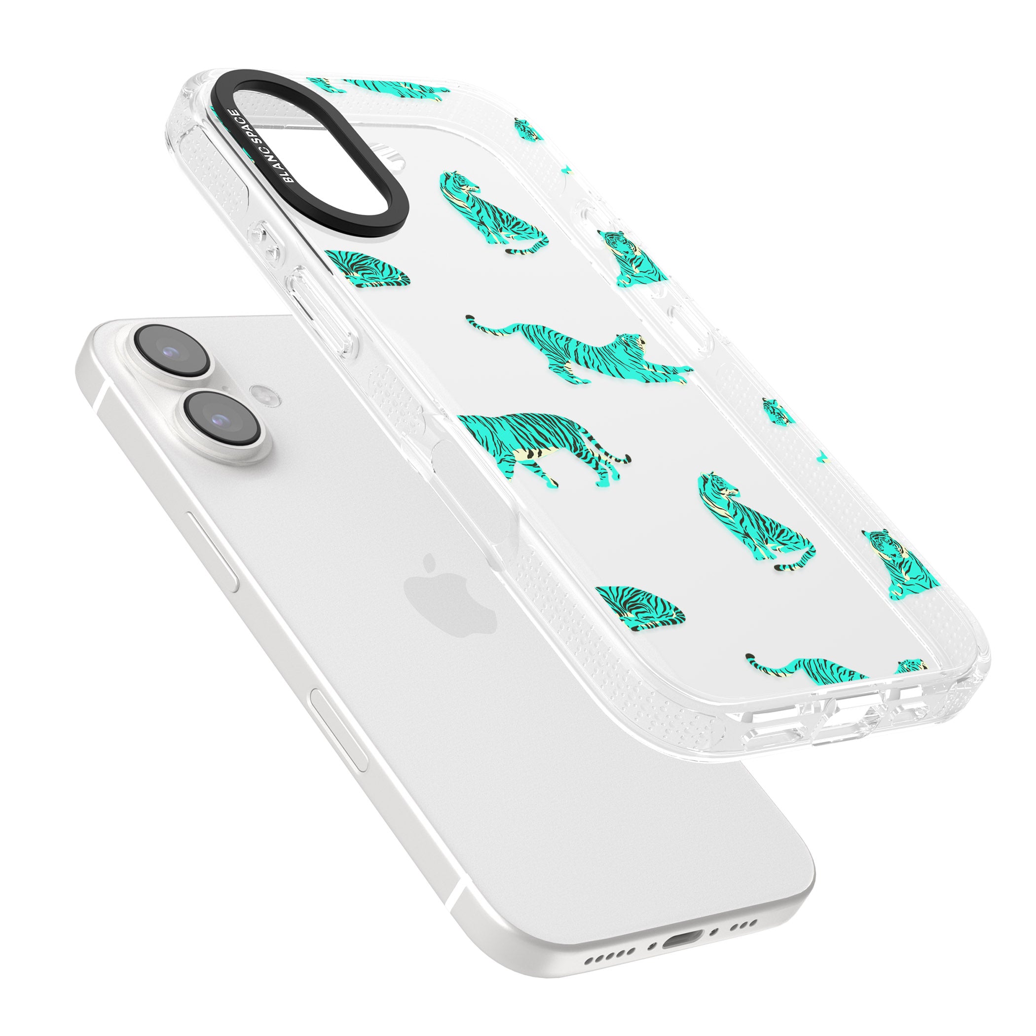 Turquoise Tiger Jungle Cat Pattern iPhone 16 / 16 Plus Clear Case Impact Air - Blanc Space