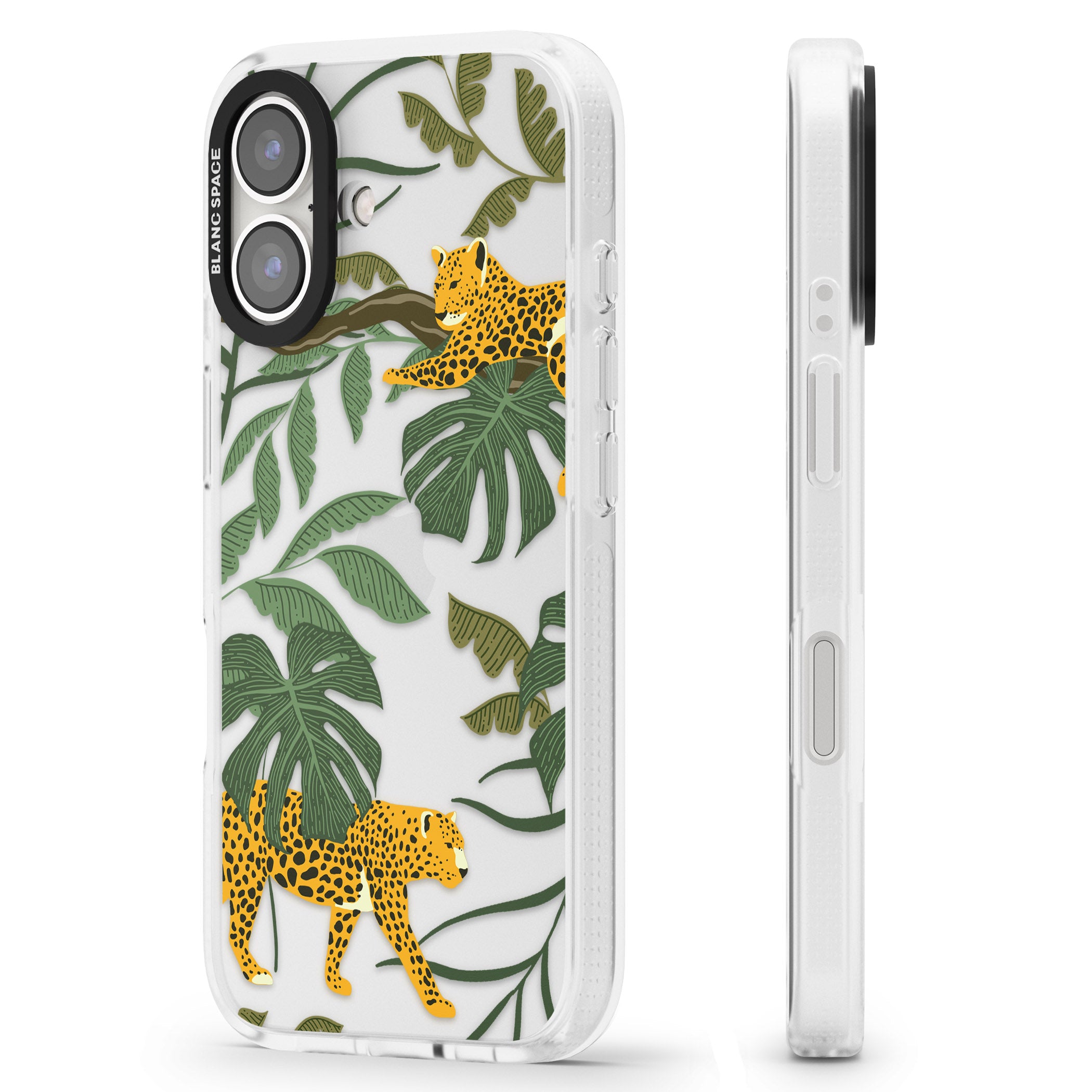 Two Jaguars & Foliage Jungle Cat Pattern iPhone 16 / 16 Plus Clear Case Impact Air - Blanc Space