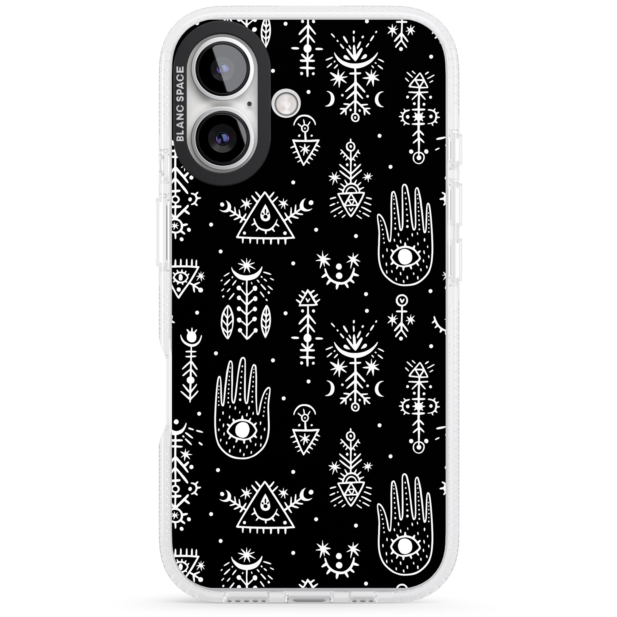 Tribal Palms - White on Black iPhone 16 / 16 Plus Clear Case Impact Air - Blanc Space
