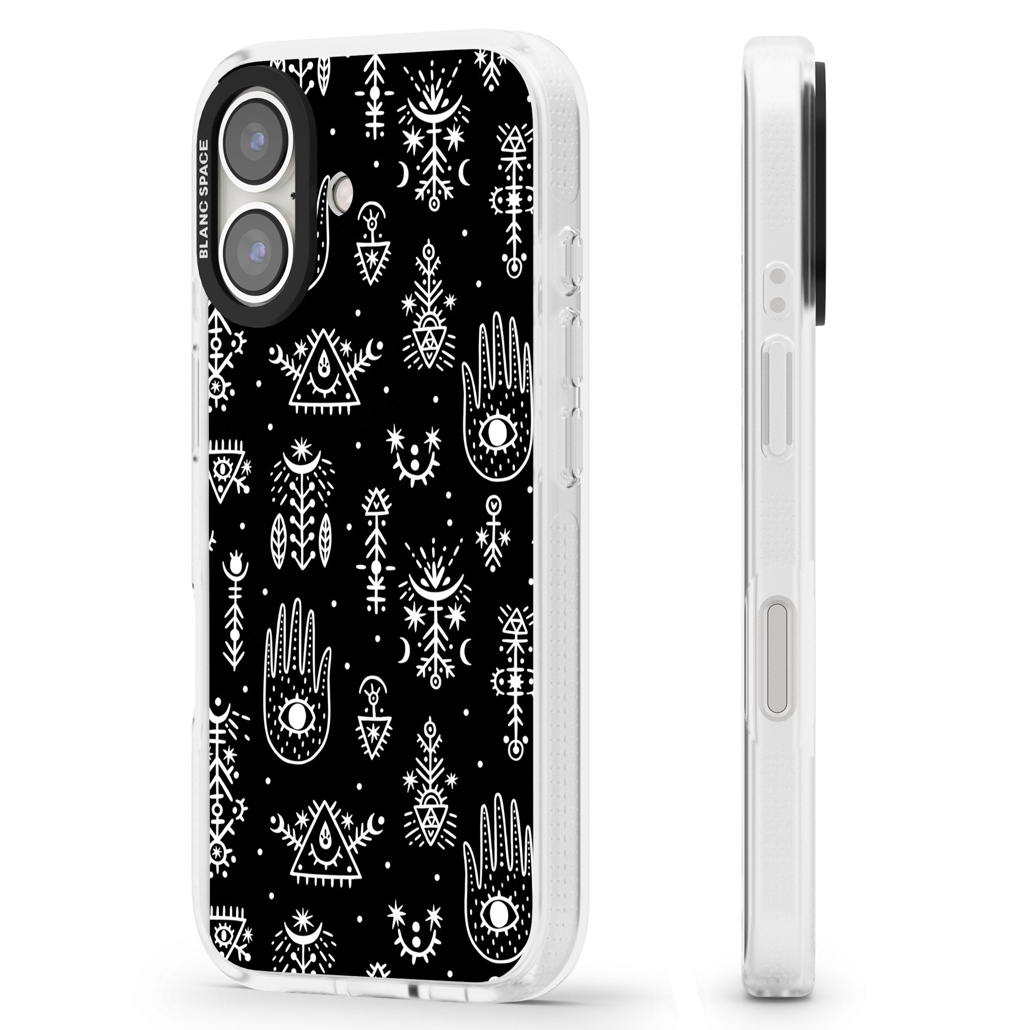 Tribal Palms - White on Black iPhone 16 / 16 Plus Clear Case Impact Air - Blanc Space